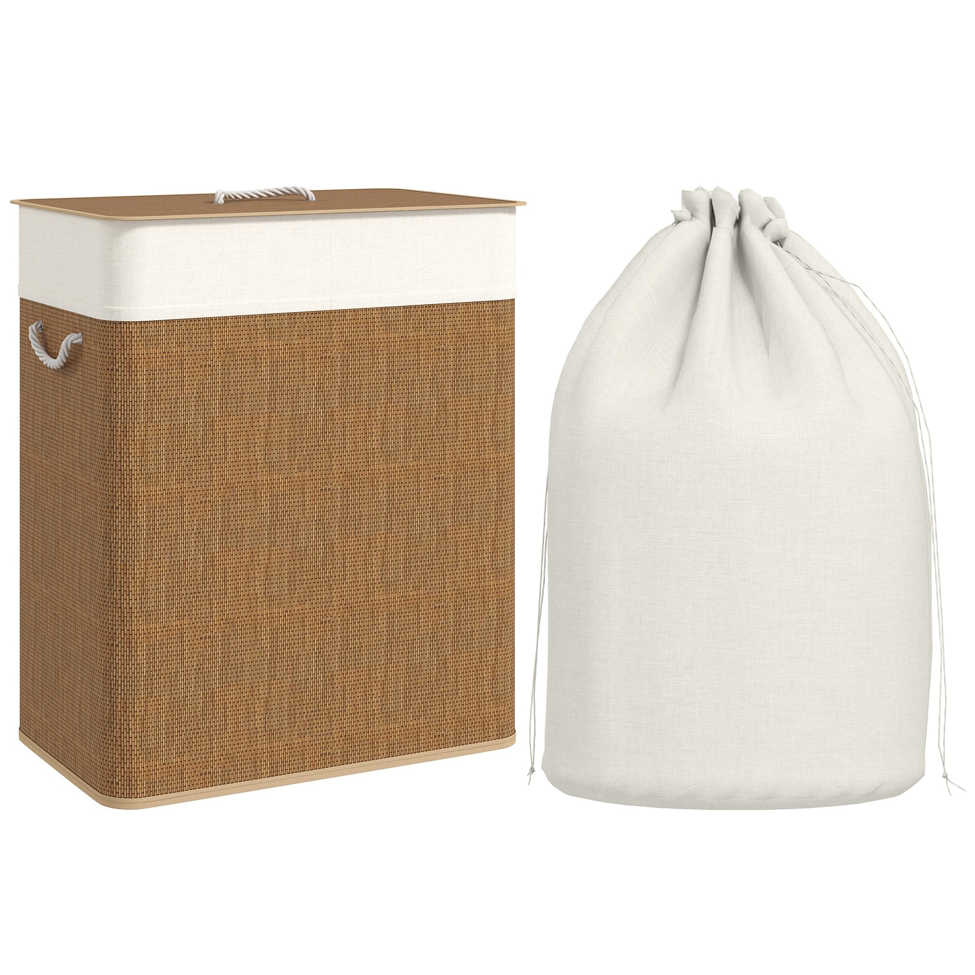 HOMCOM 100L Laundry Basket with Lid - Bamboo/Metal - Brown