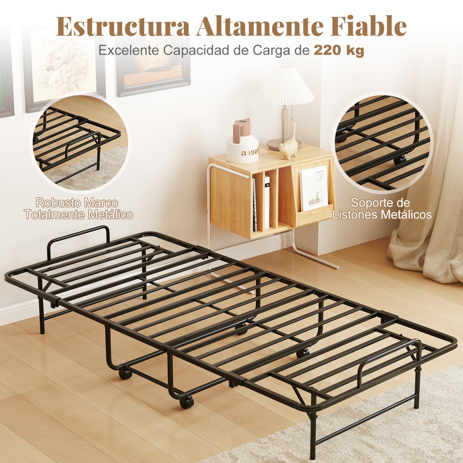 COSTWAY Cama Plegable con Colchón 90X190 cm, Cama Supletoria Plegable con 4 Ruedas, Estructura Metálica, Cama Individual Adultos y Niños Invidados, Carga 220kg