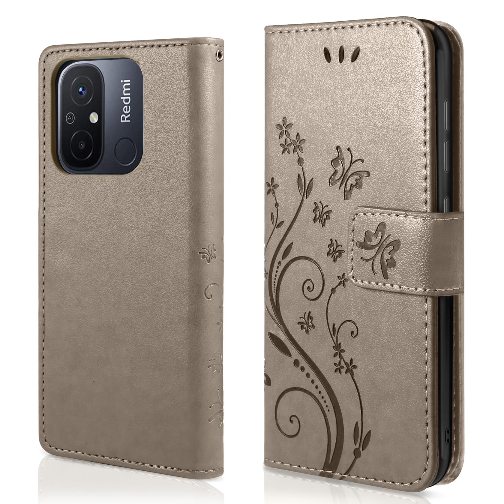 Coque Portefeuille Pour Xiaomi Redmi 12C / Redmi 11A - Design Rétro En PU, Fonction Stand, Porte-cartes, Gris