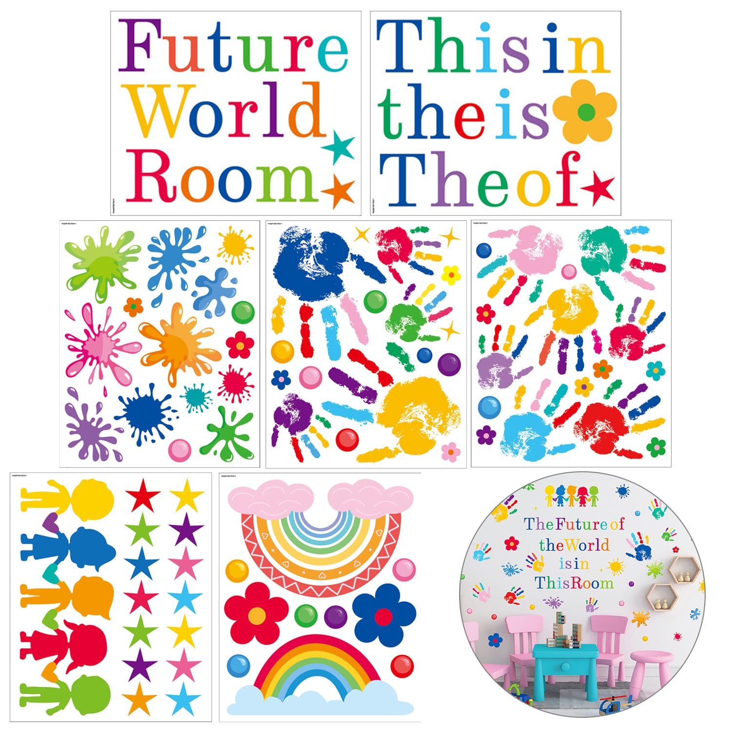 Home Smart Wall Stickers for Wall Decor 7 Sheets Assorted Color and Designs Handprint Rainbow Letters and More for Kid's Room Classroom Kids Play Area