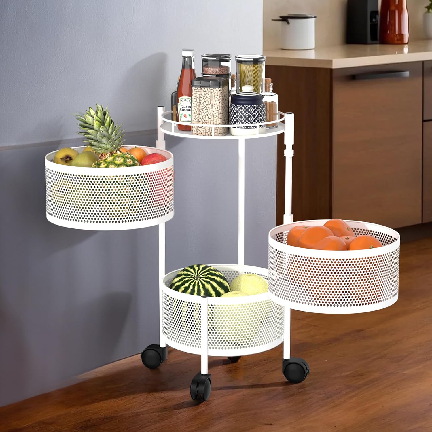 Heart Home Kitchen Storage Rack | 3-Tier Round Multipurpose Storage Trolley with Wheels | Rotating Vegetable Rack | Metal Fruit Rack | White Heart Home Kitchen Storage Rack | 3-Tier Round Multipurpose Storage Trolley with Wheels | Rotating Vegetable Rack | Metal Fruit Rack | White