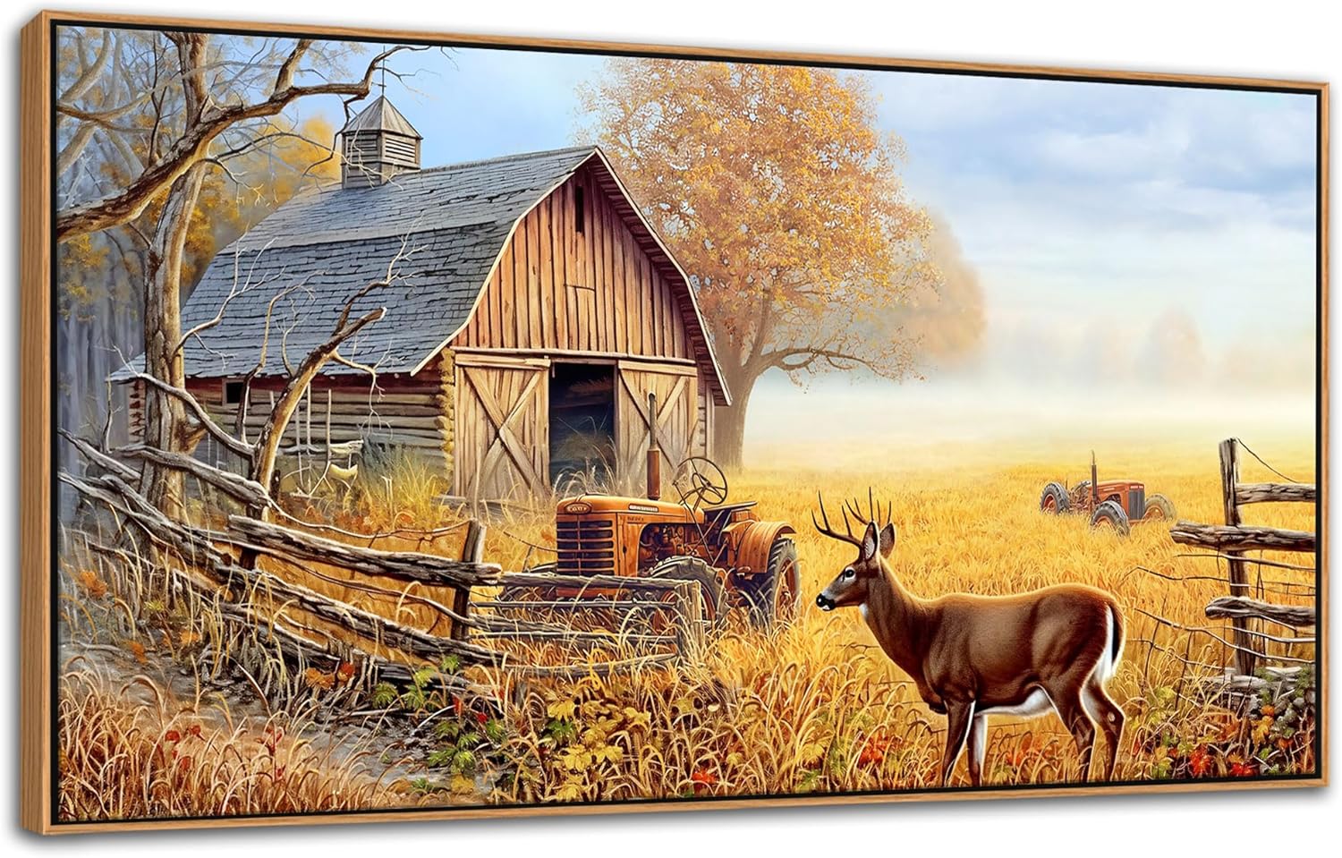 JEAWA Large Framed Wall Art - Deer Animal Art Prints Ready to Hang, Farm Canvas Painting as Gifts for Housewarming, Rustic Nature Landscape Pictures for Living Room Bedroom Home Decoration, 29x58 IN