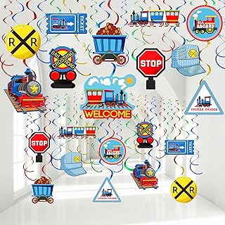 51 Pieces Train Birthday Decorations Transportation Hanging Swirls Steam Train Ceiling Decor for Railroad Traffic Sign I'm Two Party Baby Shower Favors Supplies