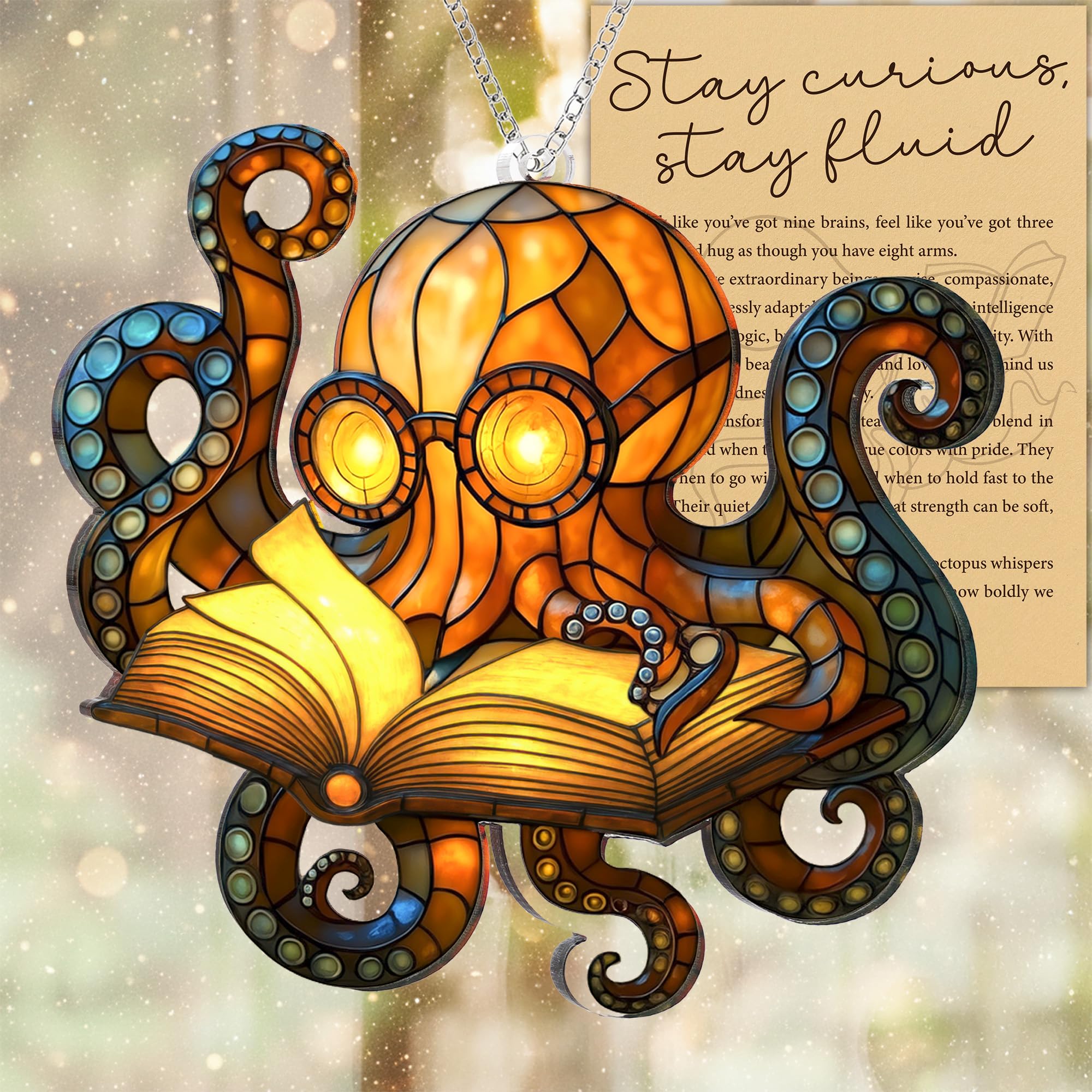 Octopus Reading Acrylic Ornament for Christmas Decorations, Beach Christmas Ornament, Ocean Themed Gift for Ocean Lovers, Octopus Gifts for Women, Last Minute Xmas Gifts