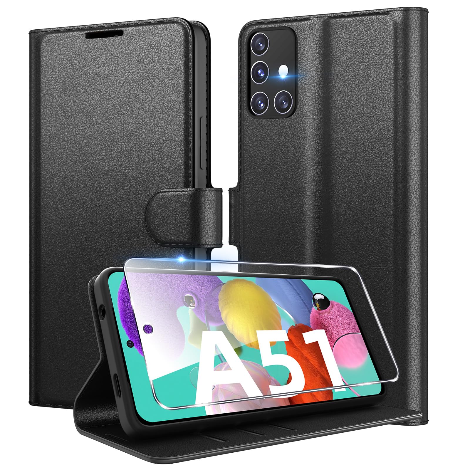 Eirltiy Cover per Samsung Galaxy A51 Portafoglio Pelle PU Premium, Custodia Scomparti Carte Antiurto Protettiva Case con 1 Vetro Temperato, Nero