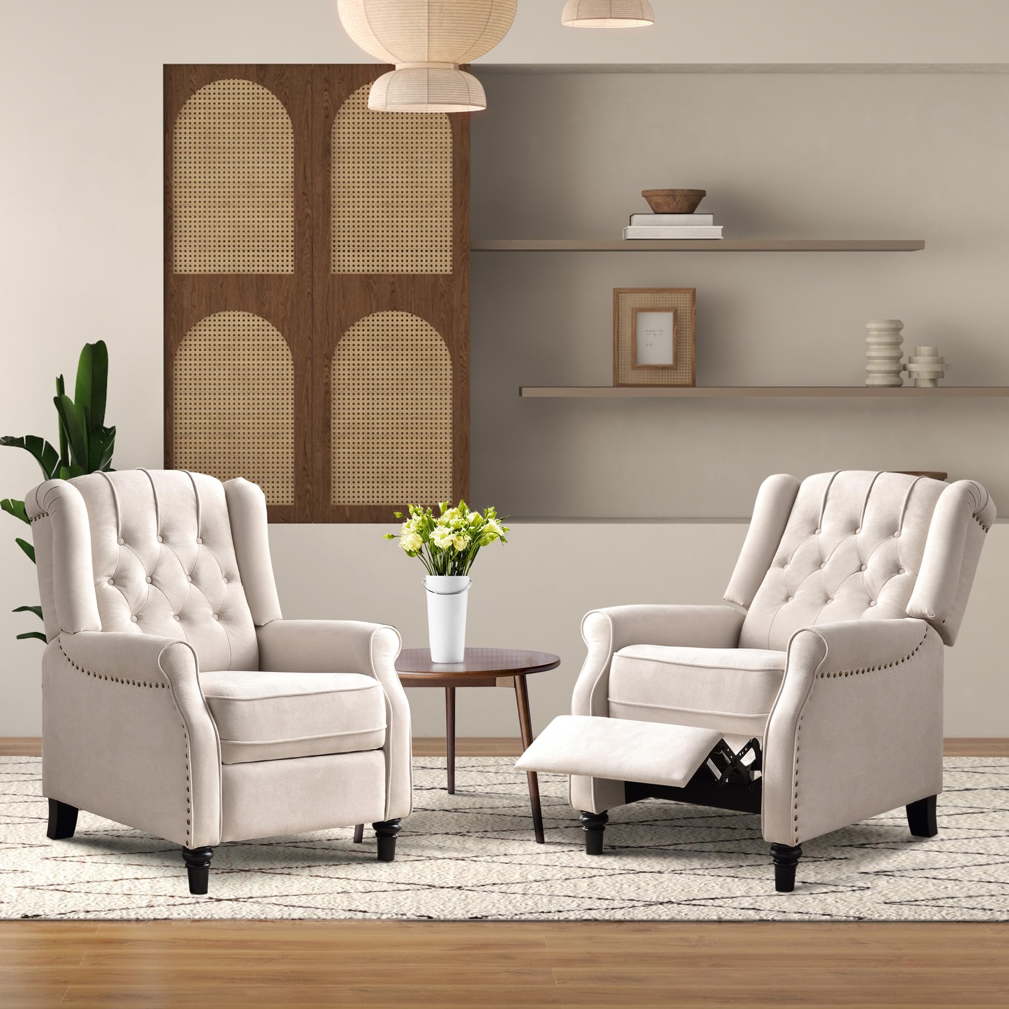 Bonzy Home Wingback Chairs Set of 2, Mid Century Modern Living Room Chairs, Fabric Push Back Recliner Chair with Rivet Decoration, Button-Tufted Back,