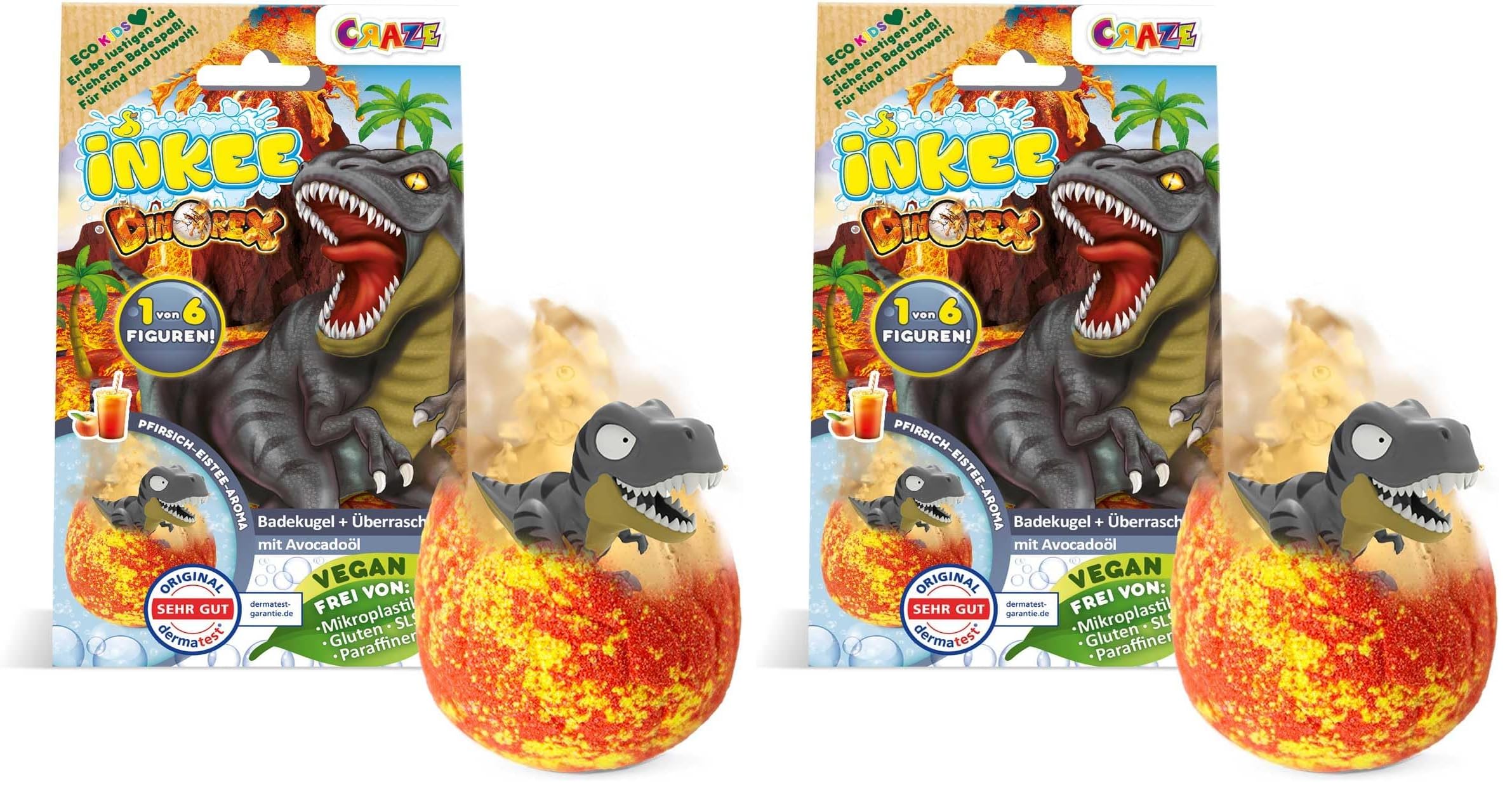 INKEE SURPRISE DINO Badekugel Kinder mit Überraschung, Ei-Form Badebombe Kinder 100g mit Dinosaurier Figuren, Pfirsich-Eistee Aroma und Avocado-Öl (Packung mit 2)
