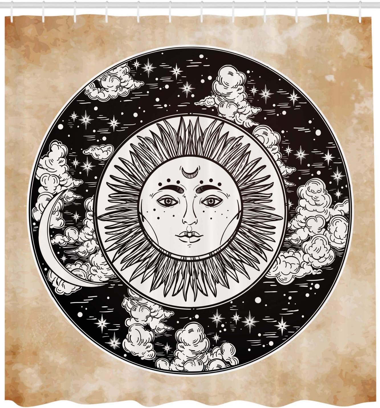 Ambesonne Mystic Shower Curtain, Sun Face in a Circle Motif Esoteric Inner Power of The Cosmos Theme, Cloth Fabric Bathroom Decor Set with Hooks, 69" W x 84" L, Beige Charcoal