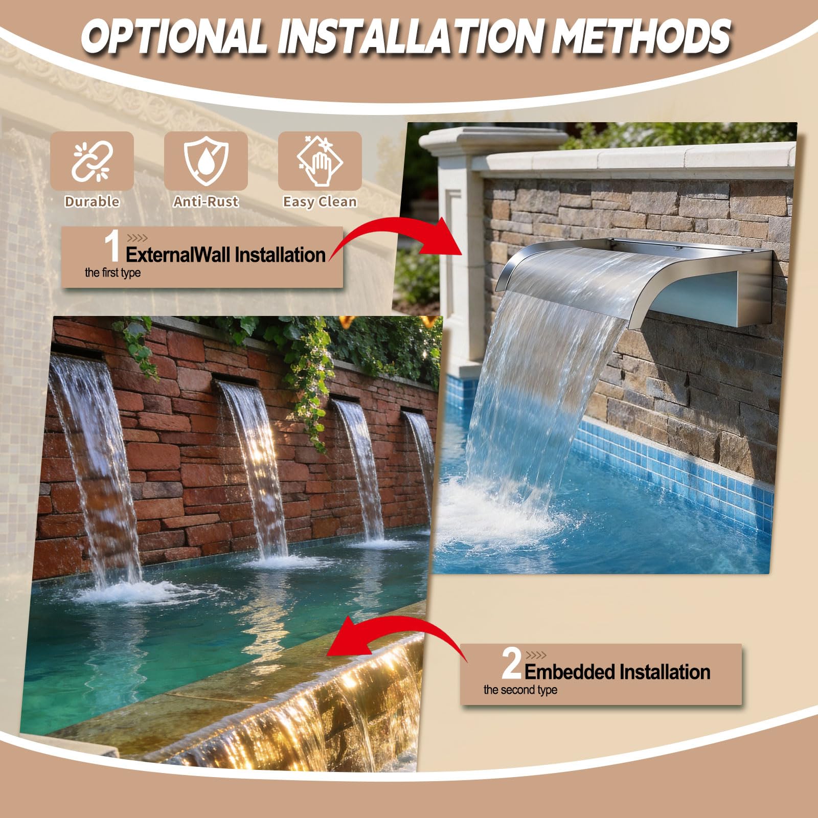 Cascada de acero inoxidable sin placa de cubierta, adecuada para piscinas y estanques, con un ancho de 90 cm, ideal para piscinas, estanques y jardines