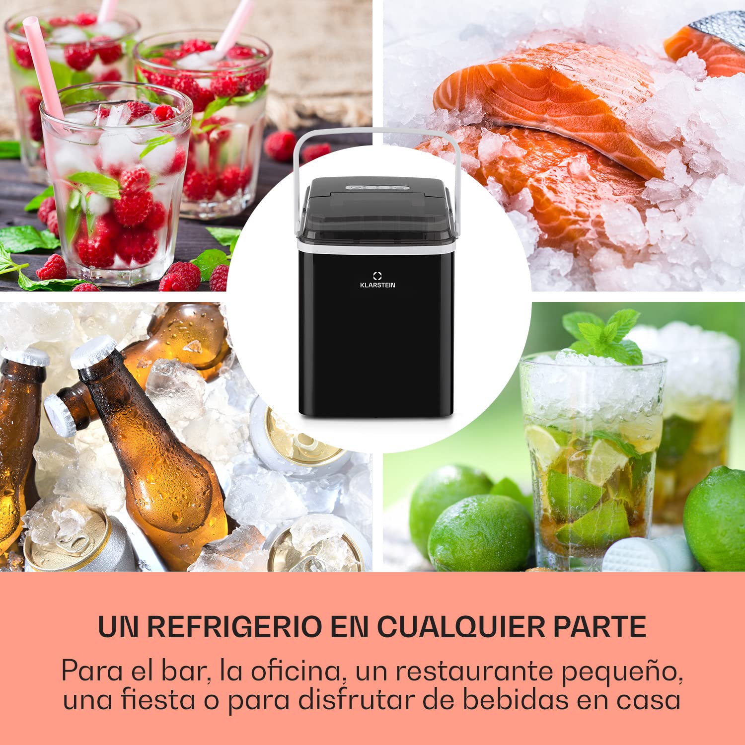 Klarstein Arctic Porter, Ice Maker Encimera 12 kg, Maquina para Hacer Cubitos de Hielo Grandes y Pequeños para Casa con Panel Táctil y Sistema Auto Limpieza, Función Rápida