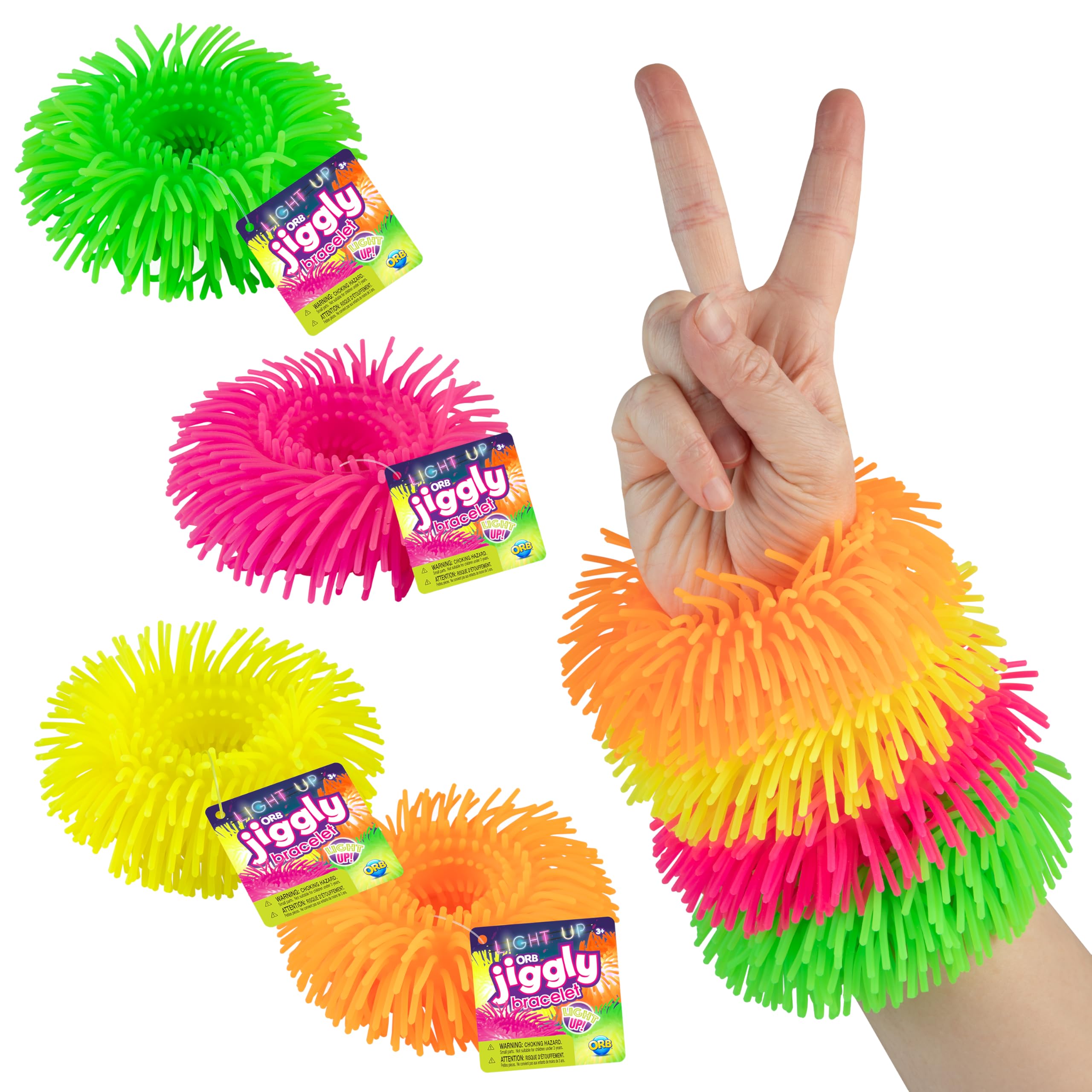 ORB Curiosities Light Up Jiggly Bracelet 4 Pack - Light Up These Wearable Squishy, Stretchy, Flexible, Fashionable Fidget / Sensory Bracelets for Kids & Adults - Soft, Tactile, Colorful Wrist Bands