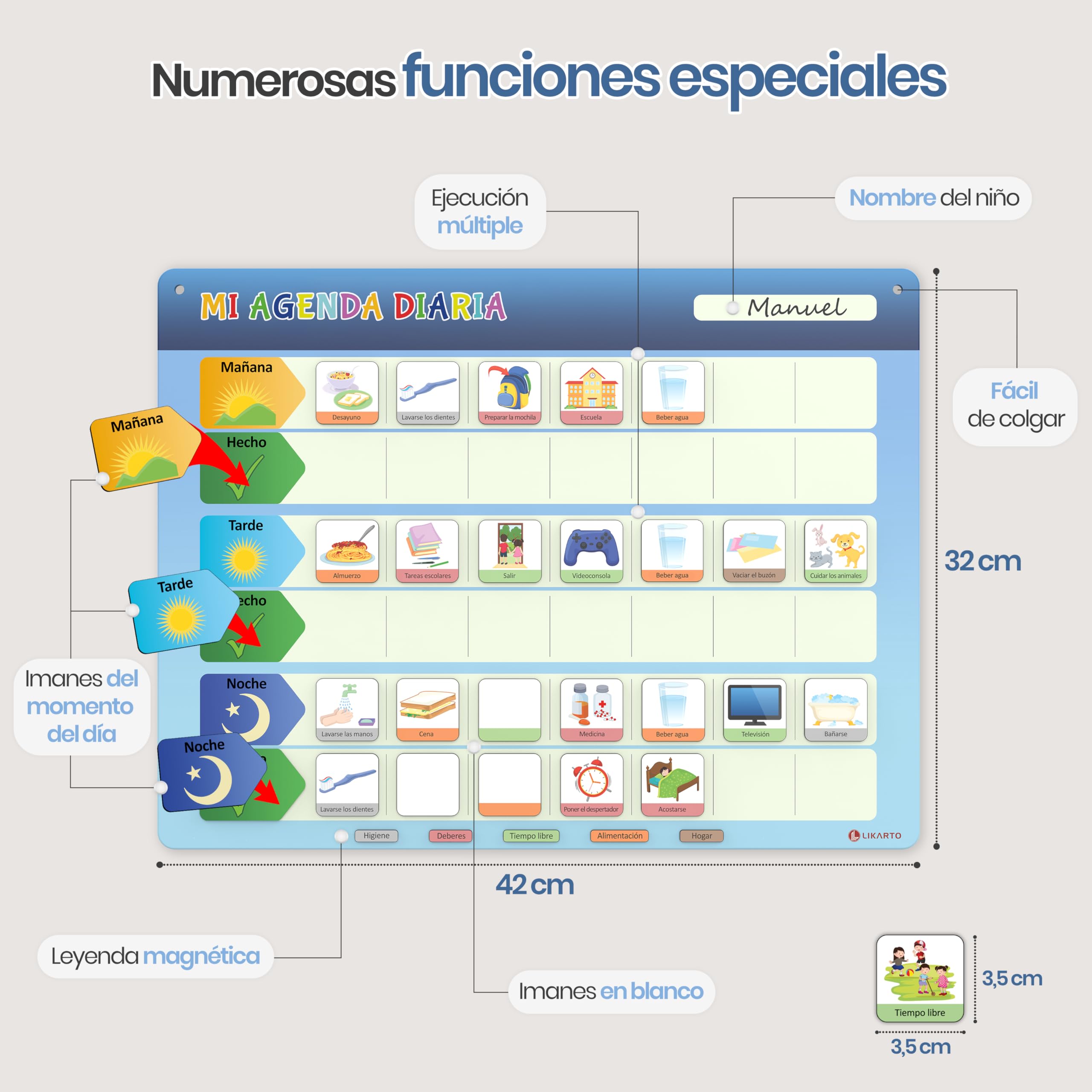 LIKARTO Agenda diaria para niños - Pizarra magnética planificador de Montessori con 152 imanes y cordón - Se puede escribir y borrar completamente - Aprende las rutinas diarias