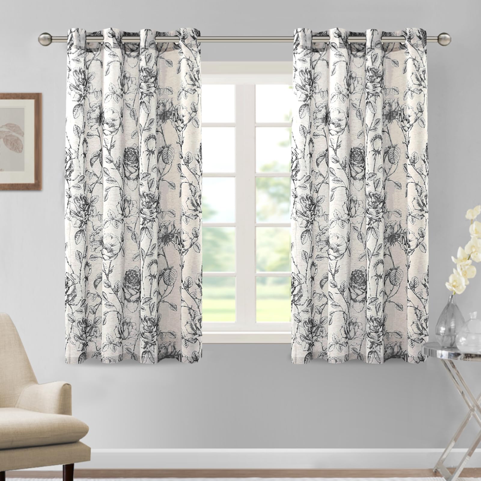 DEZYPZAM Floral Linen Semi Sheer Curtains, Light Filtering Privacy Window Curtains, Semi Sheer Window Curtain Drapes for Living Room/Bedroom (Black,52 x 54 inch)