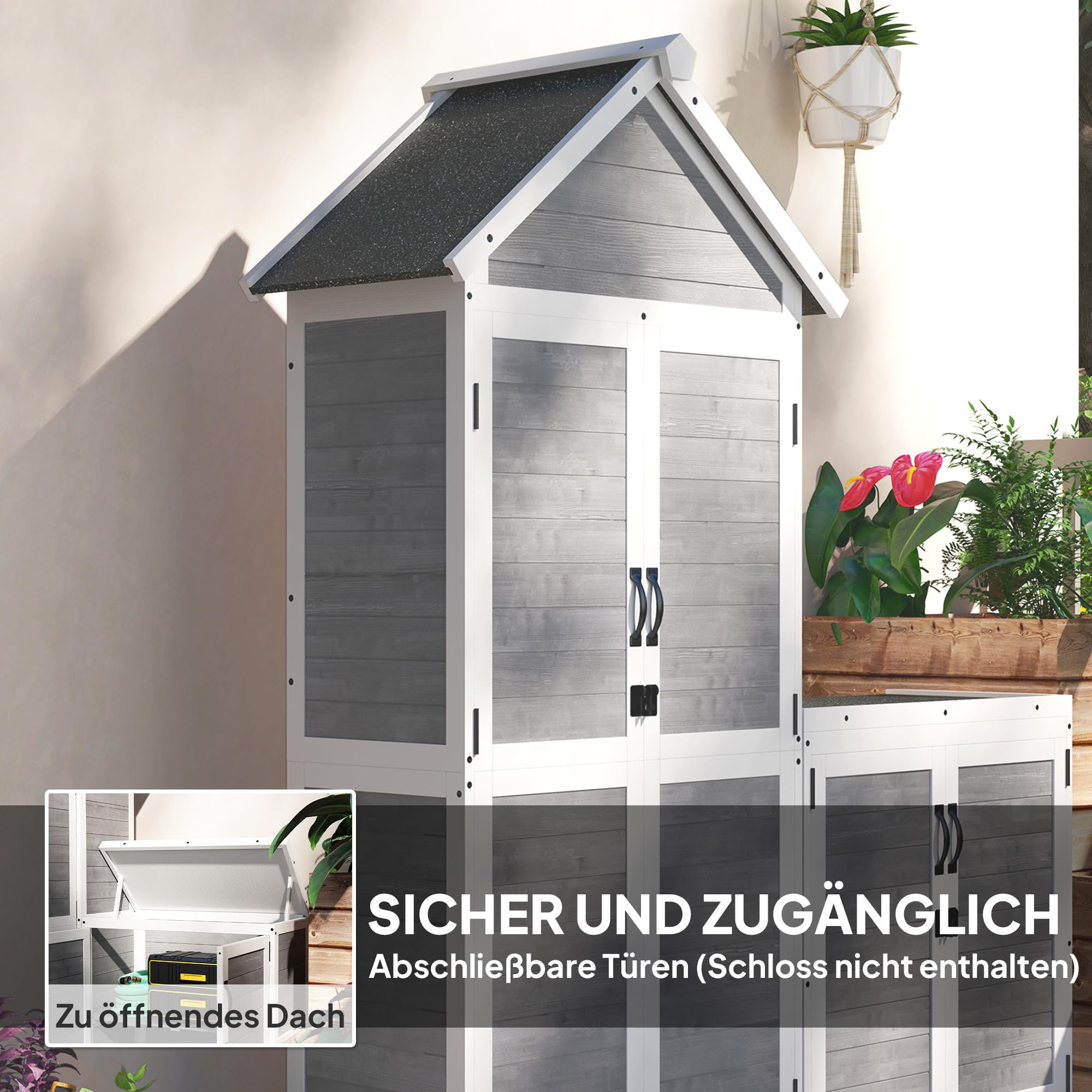 Outsunny 2 in 1 Gartenschrank Holz mit Satteldach 89x51x182cm Hellgrau | Geräteschrank, Geräteschuppen mit Aufbewahrungsschrank Ablage, Abschließbar Tür, Wetterfest Gerätehaus Für Terrasse, Garten