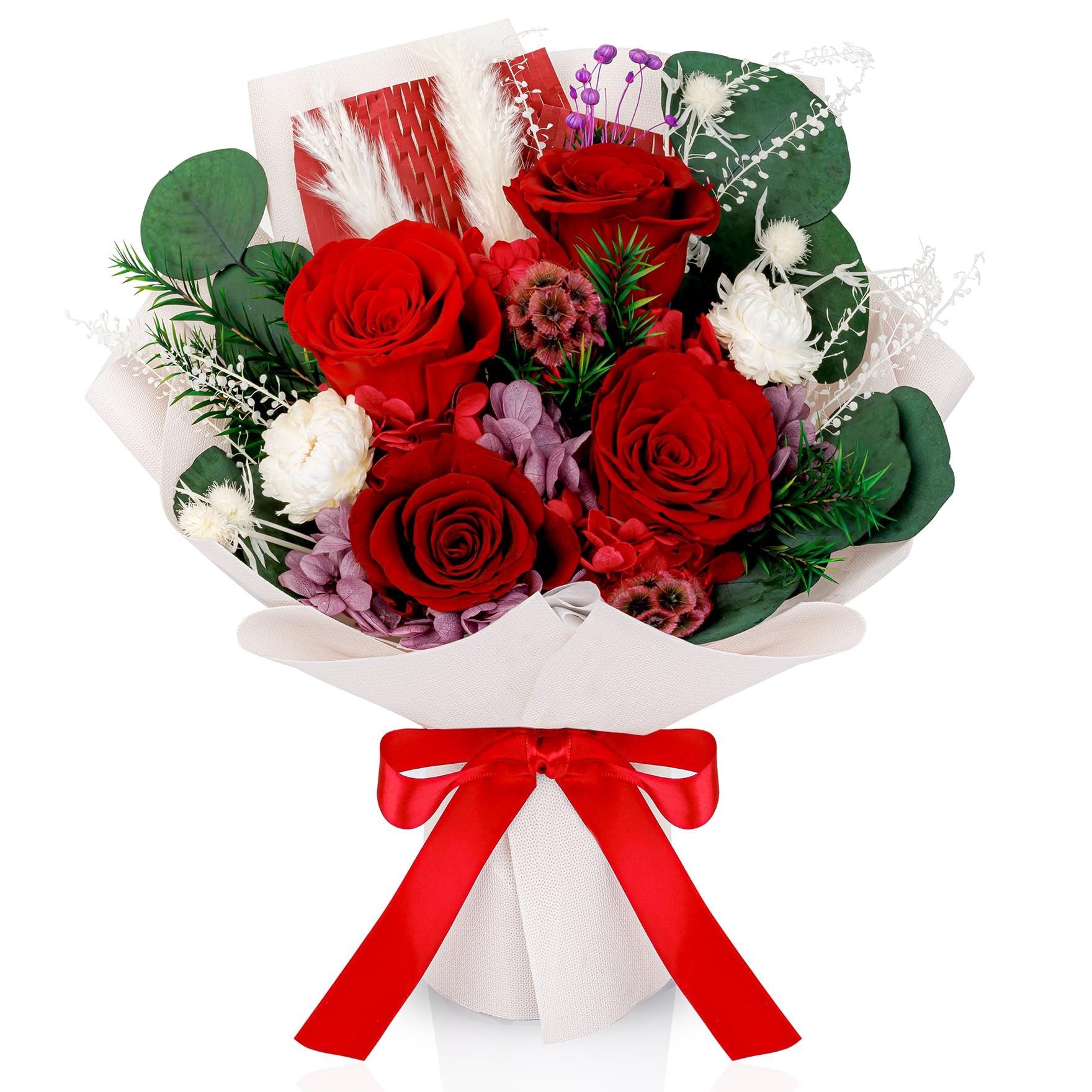 Perfectione Roses 4 Roses Mixed Bouquet for Mother's Day, Flowers for Delivery, Preserved Flowers Birthday Gift for Women Mom Wife Grandma Her, Red