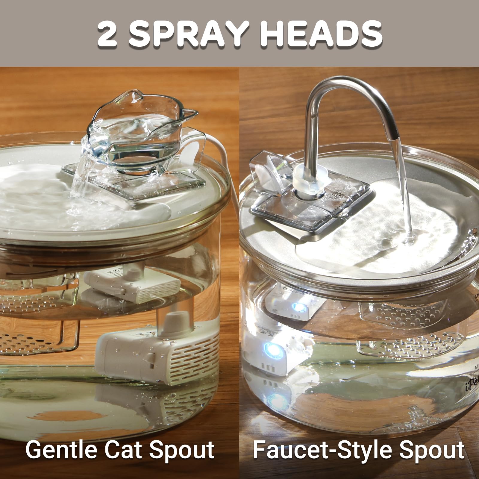 iPettie Fontana in vetro per gatti, con beccuccio per gattini, 2 l, con 2 testine di spruzzo, filtraggio a 3 fasi, distributore automatico di acqua, vetro e acciaio inossidabile