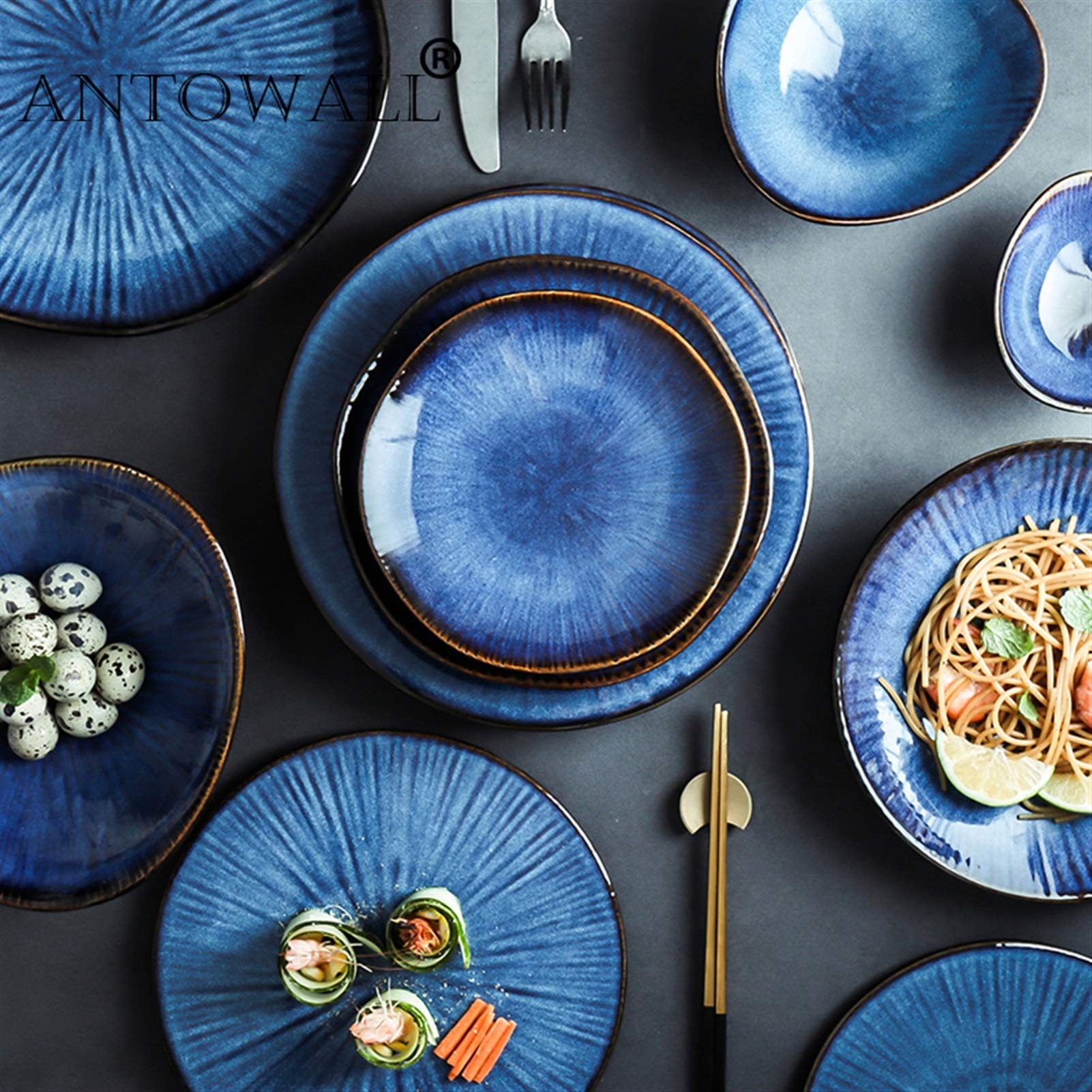 Liudan Speiseteller Nordic Glaze Blaue Farbe Keramik Geschirr Home Flache Platte Tiefe Steak Dish Frühstück Abendteller Großer Schleife Essteller (Color : N)