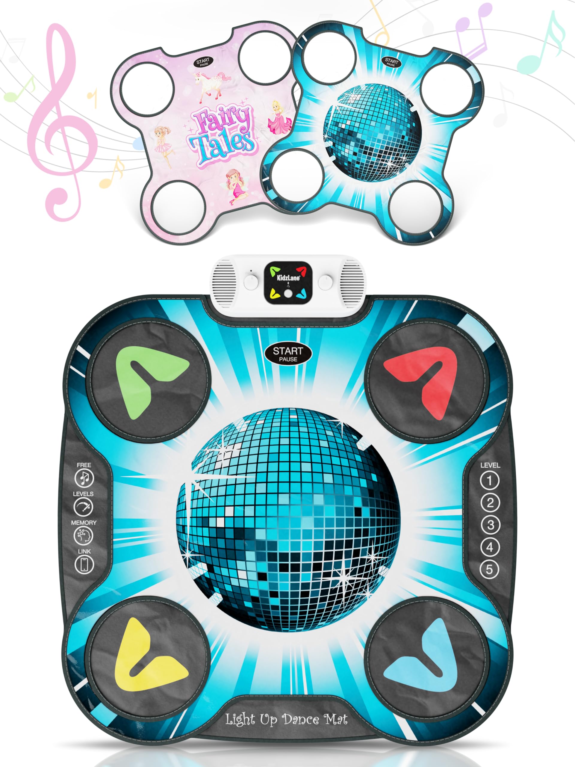 Kidzlane Light Up DJ Dance Mat for Kids - Bluetooth & AUX Compatible - 3 Fun Arcade Games with 5 Difficulty Levels - Detachable Discoball & Fairytail - Adjustable Volume - Ages 6+