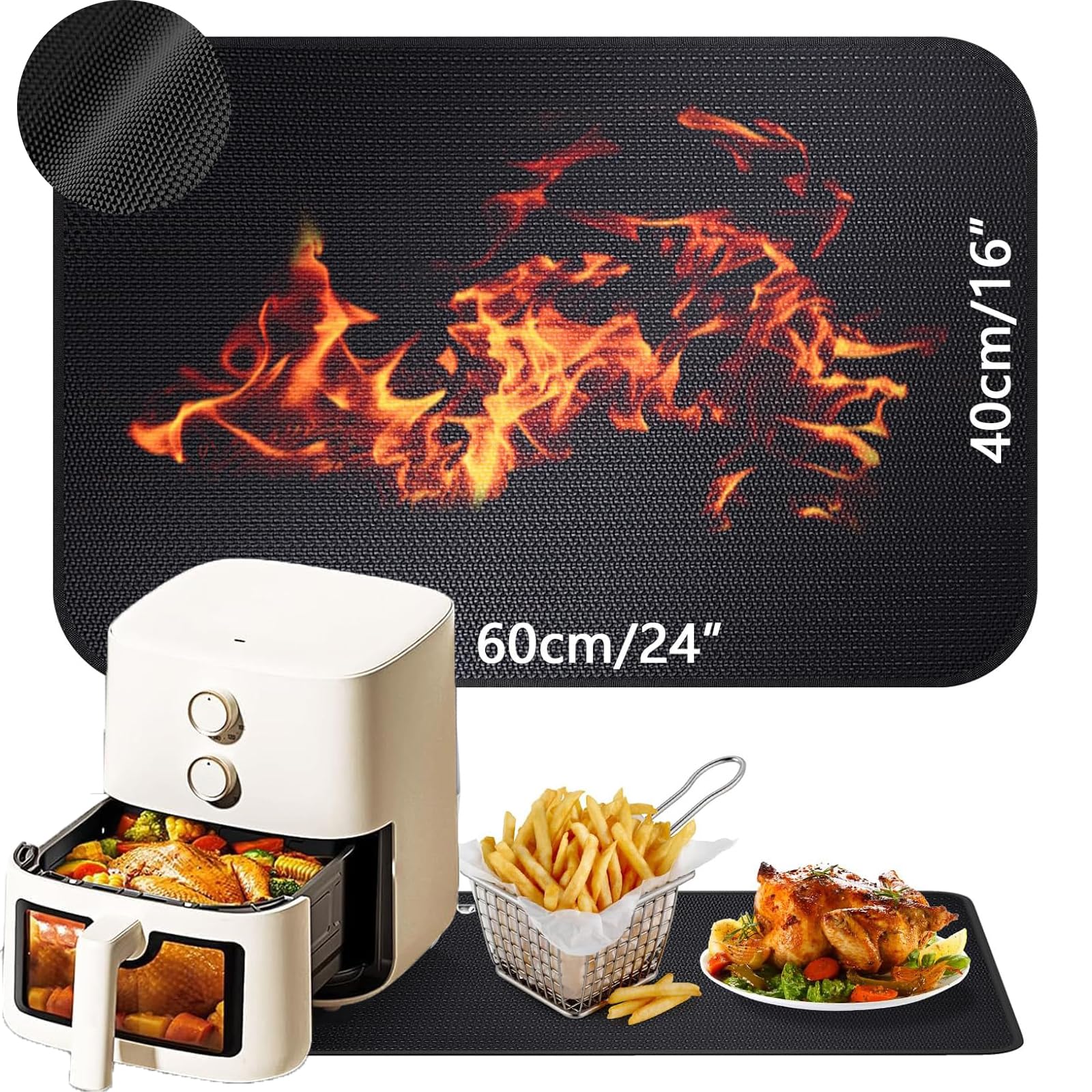 Tappetino ignifugo in silicone in fibra di vetro (40 x 60 cm) – base ignifuga per barbecue, friggitrice ad aria e macchina da caffè | resistente al calore, antiscivolo e impermeabile