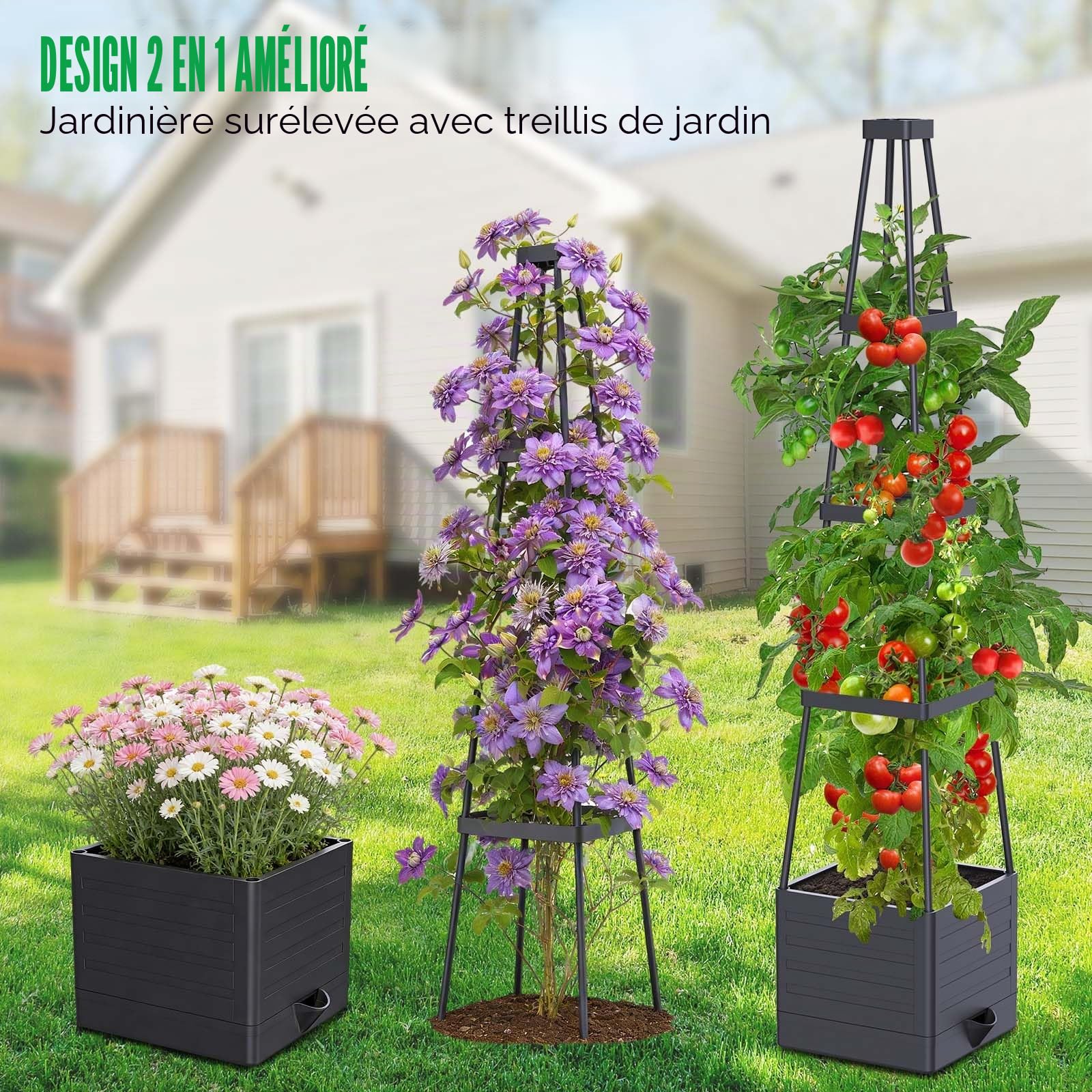 2 Pack 145cm Jardinière Tomate avec Treillis, Auto-Arrosage | Arrosage Automatique, Tuteur Support Tomate, Treillis pour Plantes Grimapantes, Légumes, Fleurs, Intérieur et Extérieur