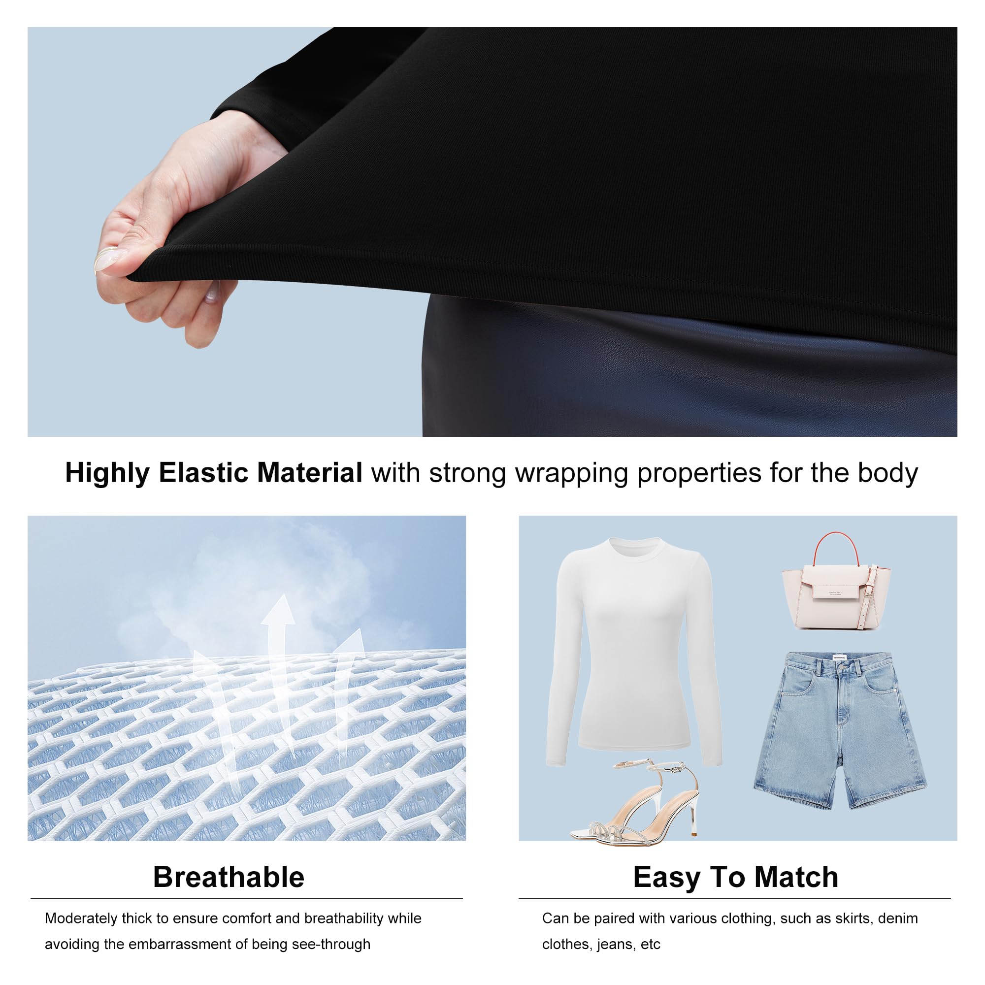 Lot de 5 hauts à manches longues pour femme - Manches longues extensibles - Col rond - Hauts basiques pour femme