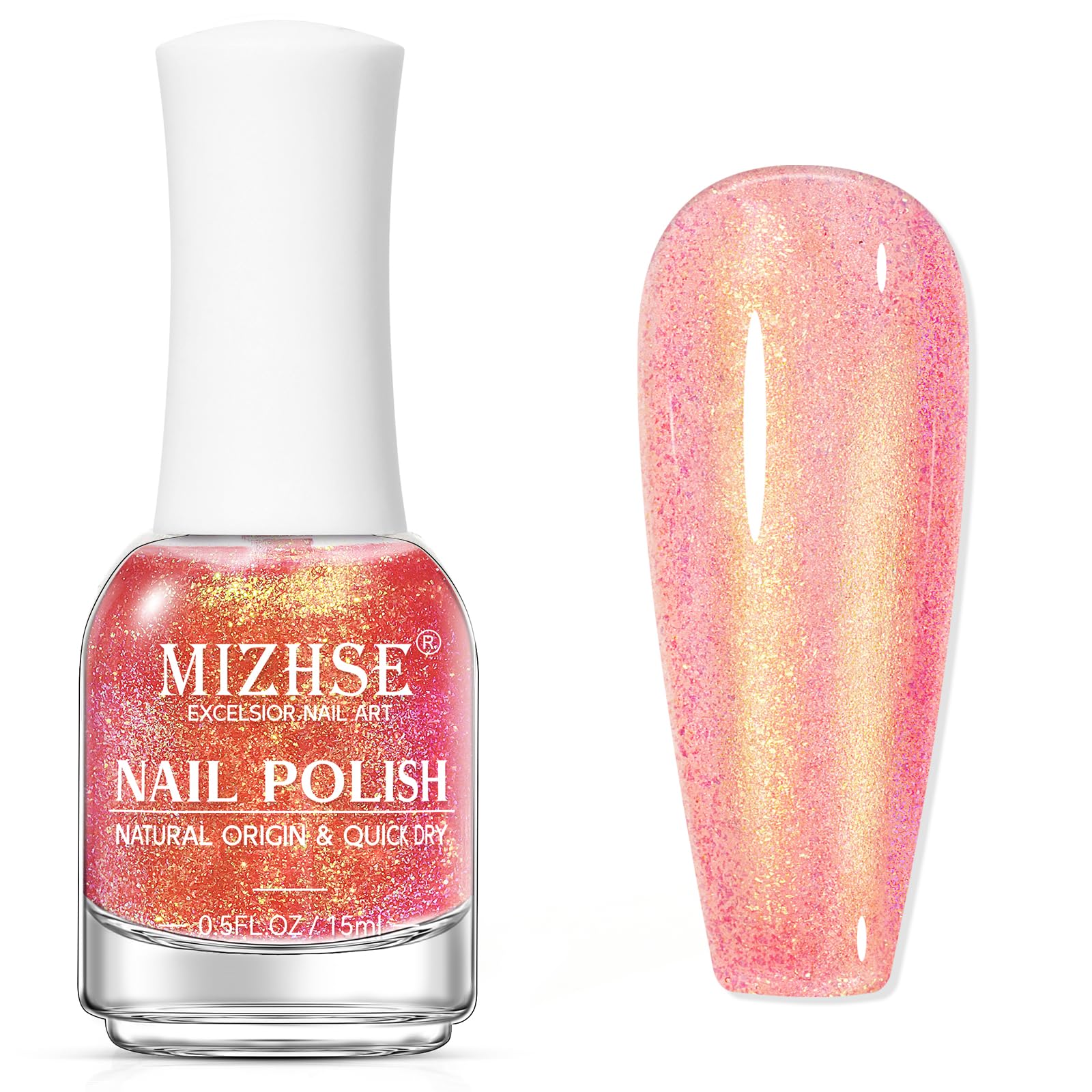 MIZHSE Nail Polish Air Dry Fast, Holographic Neon Orange Nail Polish Quick Dry, 15ml/0.5 fl oz Regular Shiny Shimmer Oil-based Glitter Nail Lacquer