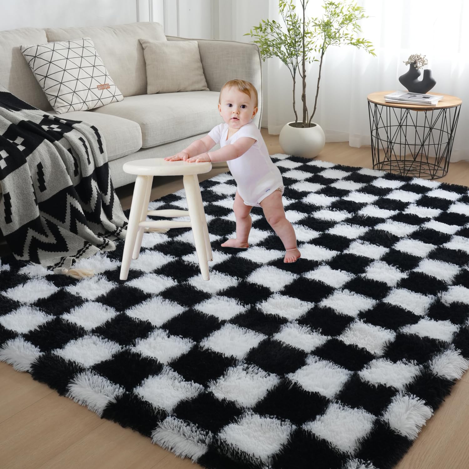 Gsogcax Checkered Rugs Living Room 6'x9' Super Soft Fluffy Area Rugs for Bedroom Shaggy Anti-Skid Comfortable Large Rugs Indoor Modern Home Decor Floor Carpet - Black & White 180x270 — image 1