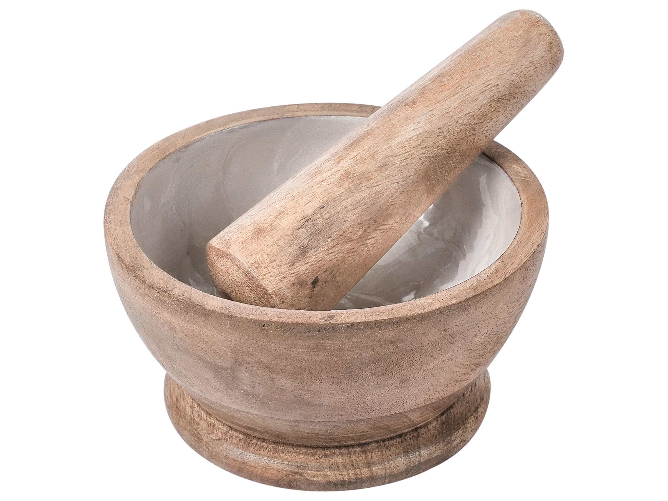 Mortier et Pilon en Bois de Manguier Fait Main Accessoire Cuisine Marron et Blanc Qena