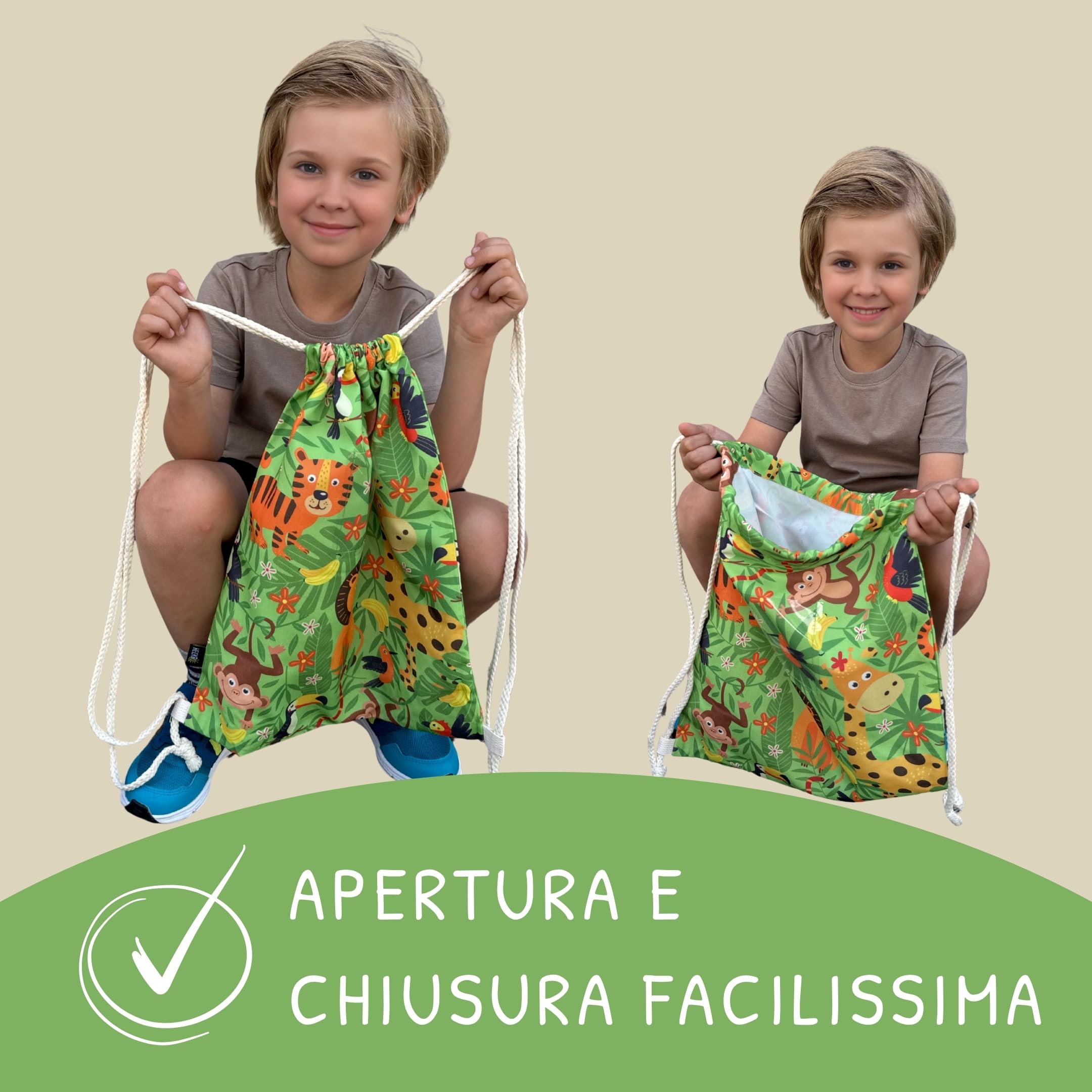 HECKBO Sacca per Bambini, Ragazzi e Ragazze con Taschino di Sicurezza per Foto - Giungla - Lavabile in Lavatrice - 40x32cm - Ideale per Asilo, Viaggi, Sport - Zaino, Borsa da Ginnastica