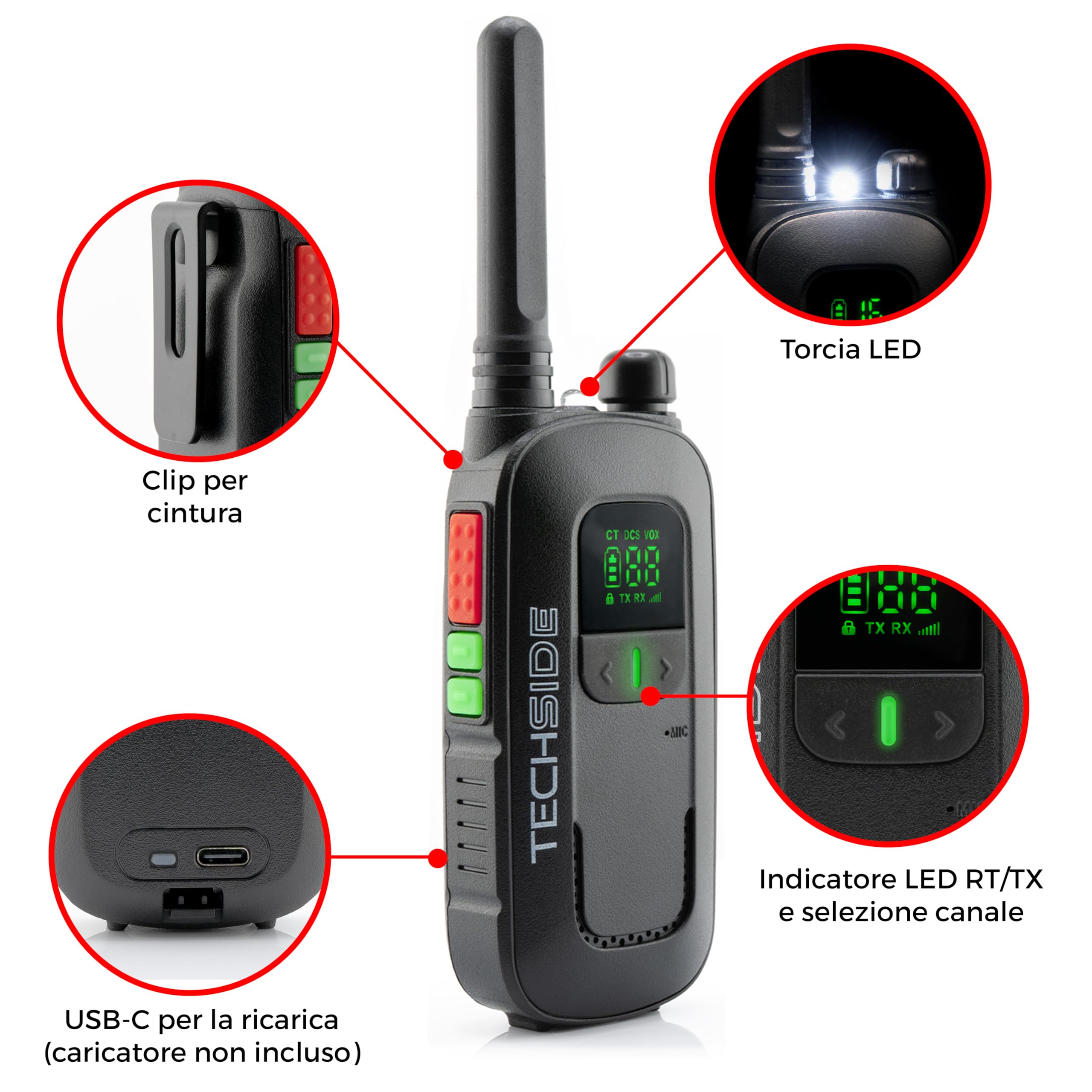 Techside TS-T2 Ricetrasmittente Professionale Walkie Talkie 16 Canali PMR446 (Libero uso) | Vox a 5 livelli | Scansione Automatica Canali | Set di 2 ricetrasmettitori full optional