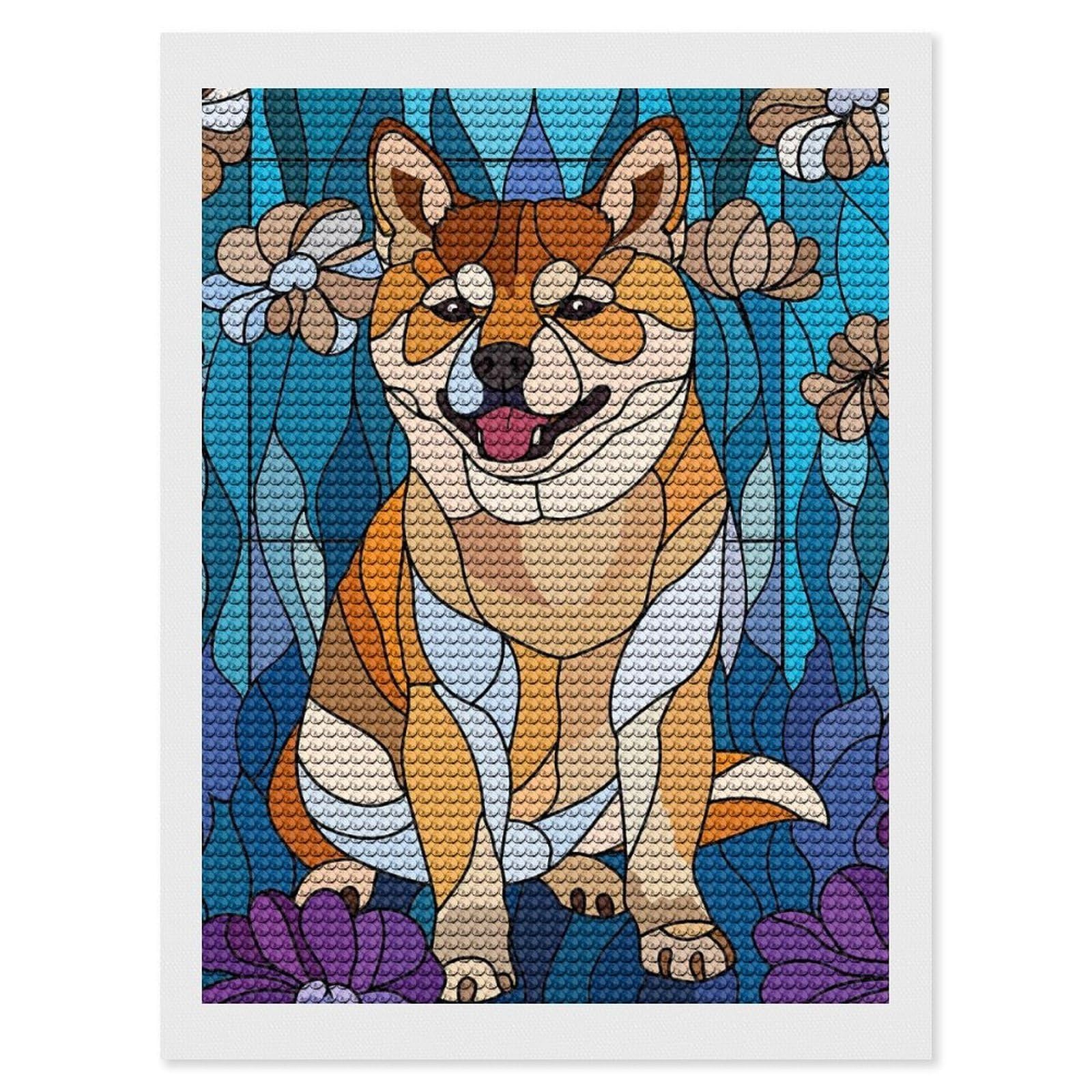 Junmoney Stained Glass Shiba Inu Dog Diamond Painting Canvas Set 12"x16", with Tool Kit, Easy to Enjoy, Home Wall Decor, Thoughtful Handmade Gift