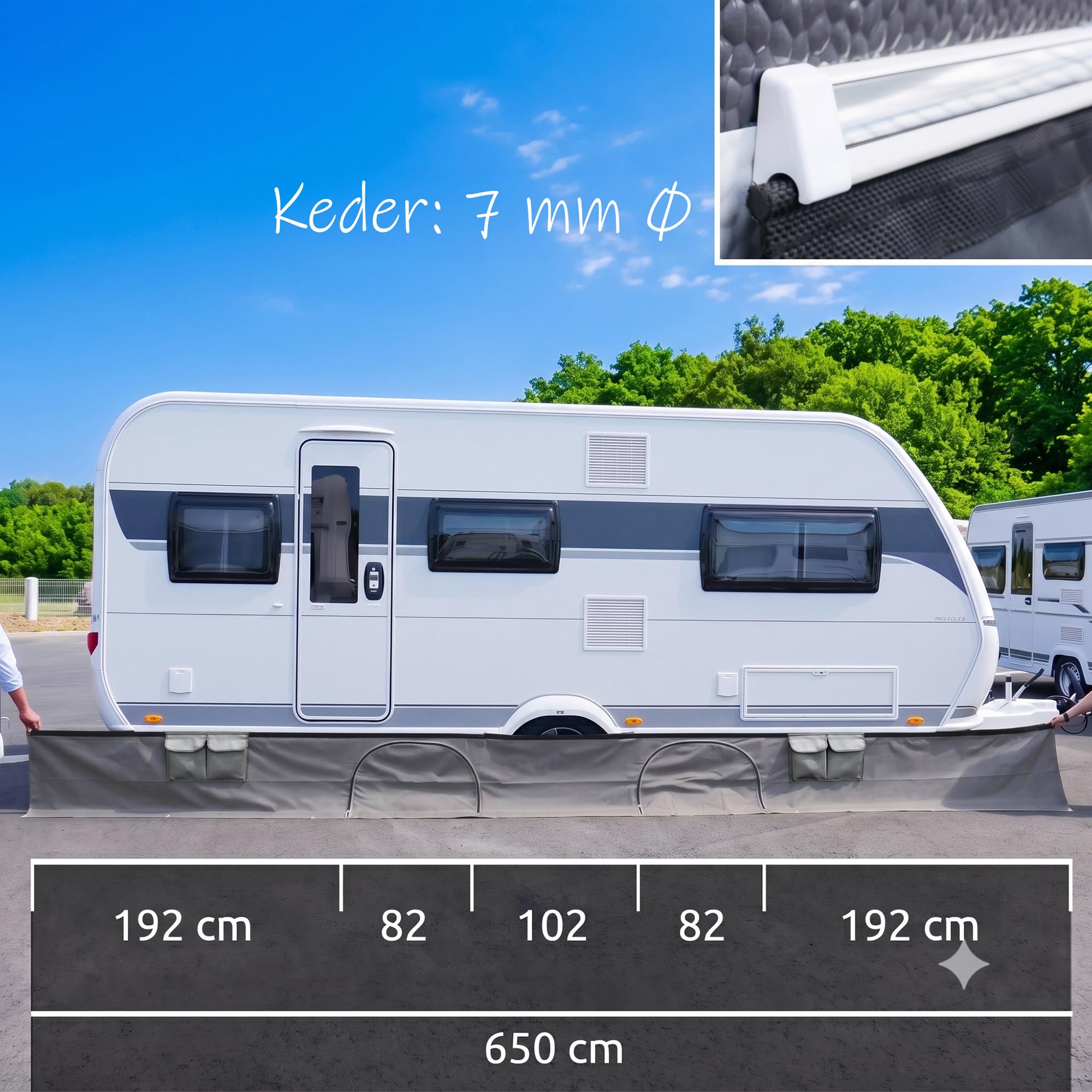 your GEAR Draftskirt – Delantal de suelo para caravana, 650 x 60 cm, con compartimentos de almacenamiento