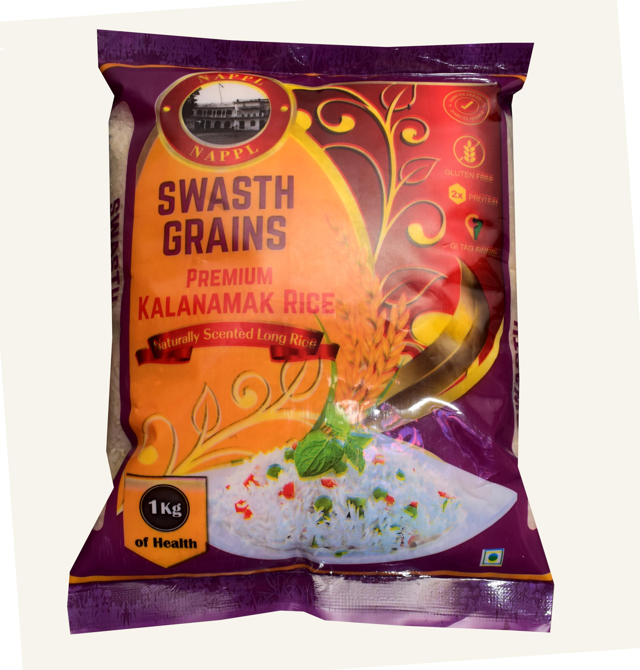 Swasth Grains Kalanamak Rice | Low Glycemic Index | High in Zinc and Iron | Buddha Rice 1kg (Pack of 5)