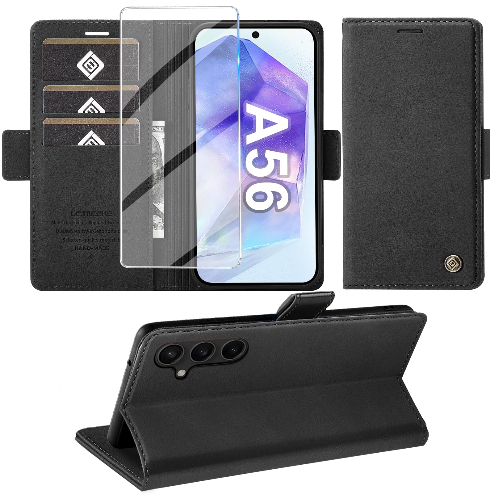 Giyer Cover per Samsung Galaxy A56 5G Custodia con Vetro Temperato, Premium Pelle PU Portafoglio Slot per Scheda RFID Antifurto Funzione Supporto Flip Case, Antiurto per Samsung A56 5G Cover (Nero)