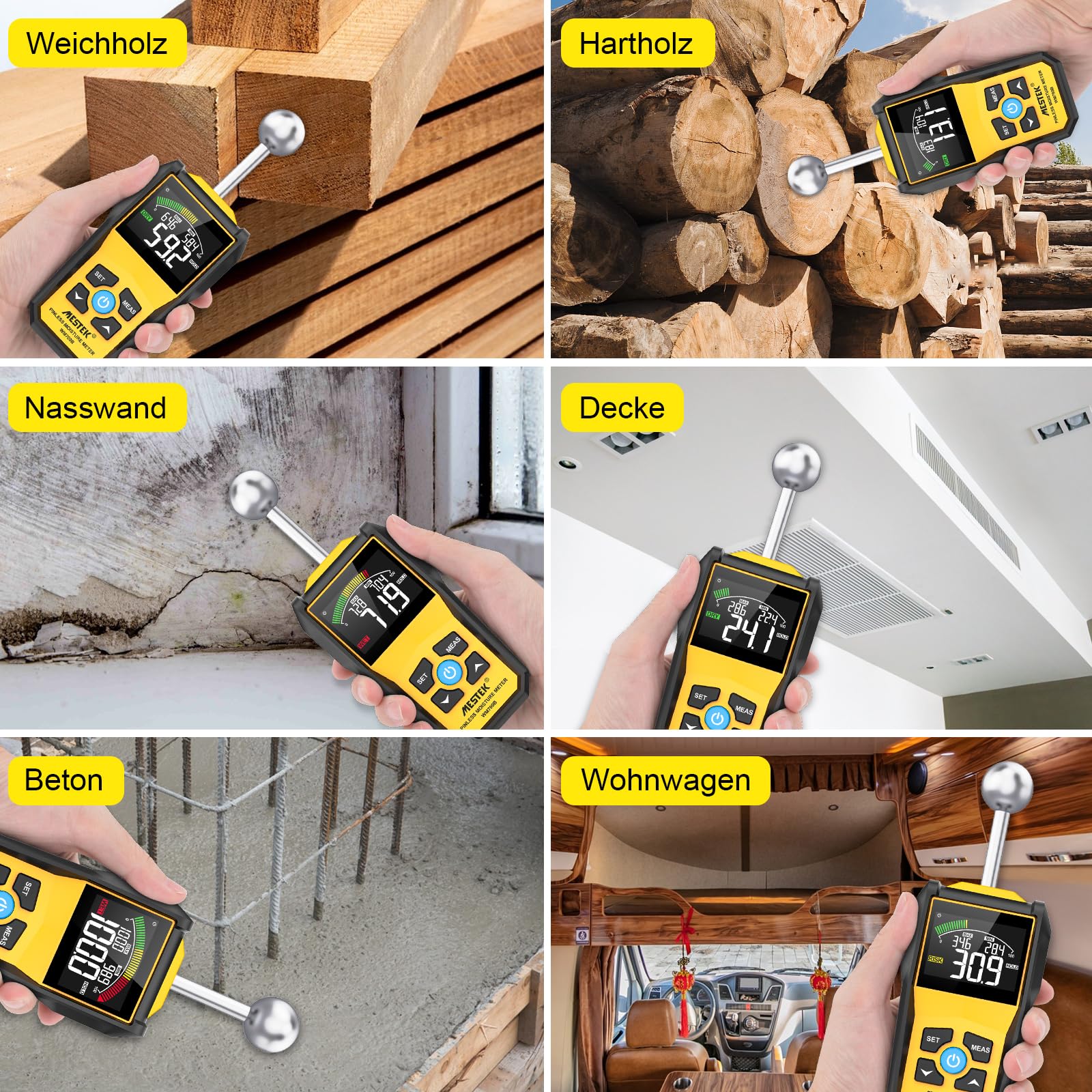 Feuchtigkeitsmessgerät MESTEK Feuchtigkeitsmesser Feuchtemessgerät Profi mit Farb-LCD Akustischem Alarm für Wand Holz Mauerwerk Putz Baustoffe Boden Baufeuchte Wohnung Wohnwagen 20-40mm Analysetiefe