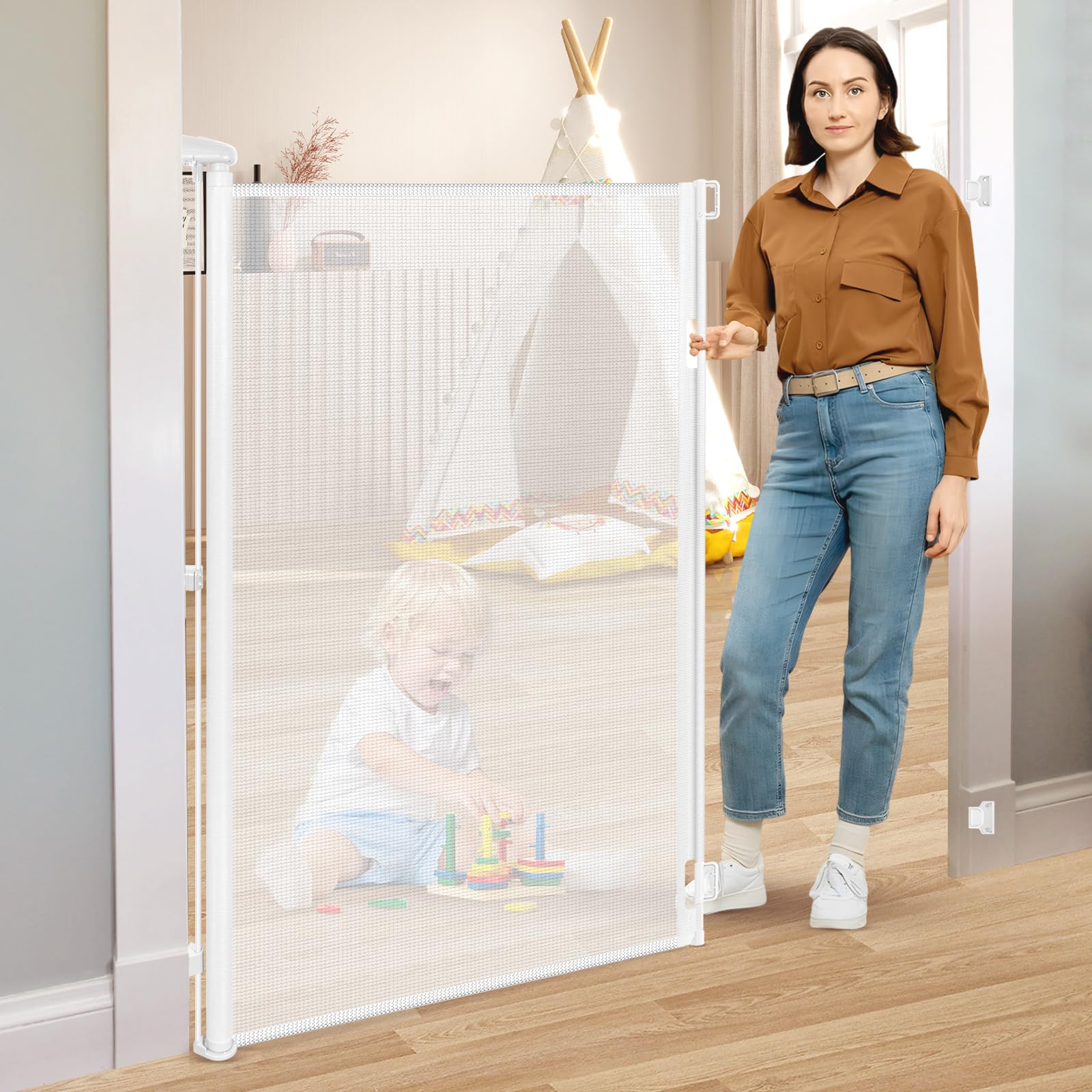 52” Extra Tall Baby Gates for Doorways 55” Wide Baby Gate for Dogs Indoor Prevent Kid/Pet from Jumping Over Retractable Extra Tall Pet Gate for Stairs
