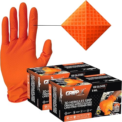 GRIPXX Herkules Grip - Guantes de nitrilo naranja resistentes de 8 mil, textura de diamante elevado 3D, sin látex y polvo, industrial, mecánico