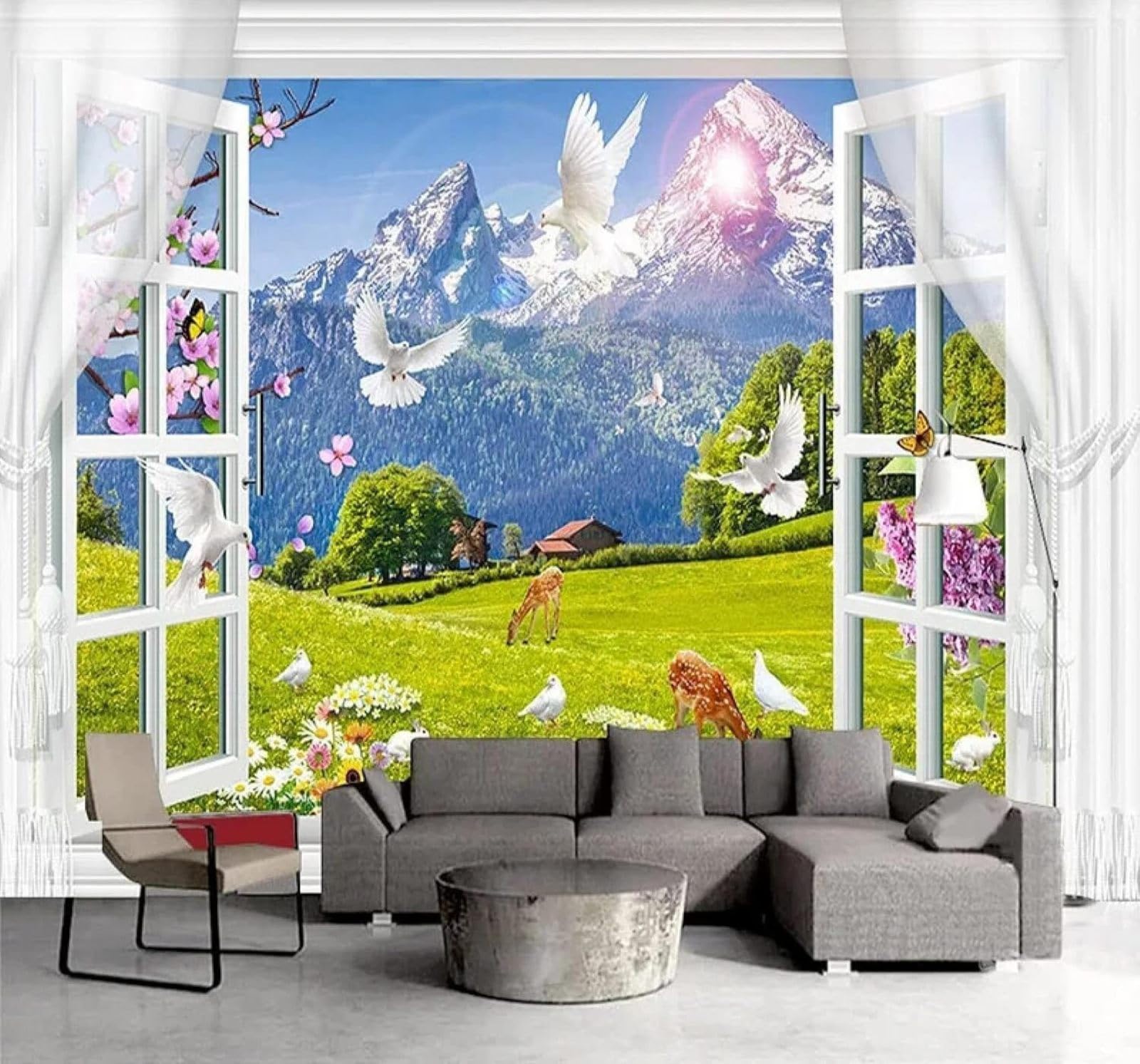 Xlming 250Cm×170Cm(B×H) Window Snow Capped Mountains Grasslands Animals Landscape 3D Wallpaper Luxury Home Dining Decor Paste Sofa Living Room The Wall For Bedroom Mural-250Cm×170Cm
