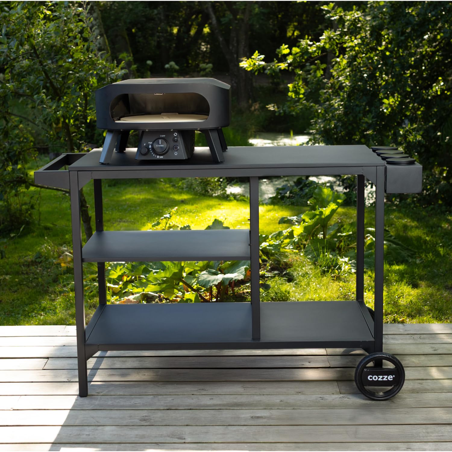 Cozze® BBQ Station Carro para Barbacoa 115 cm, Mesa Exterior de Acero galvanizado, Estante Ajustable 3 Niveles para Horno de Pizza, Ruedas Grandes y Patas Regulables, Carga máx. 100 kg