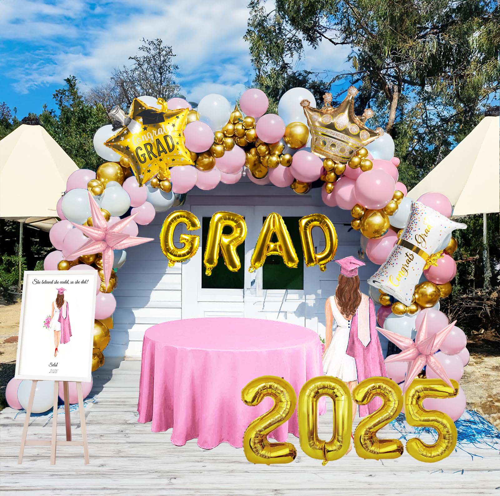 Pink and Gold Themed Graduation Balloon Garland Arch Kit with Large foil Balloons for High School College students graduate class of 2025 Prom