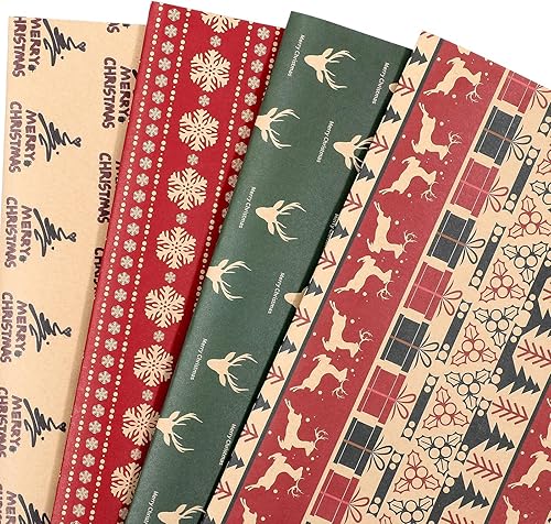 PlandRichW Papel de regalo de Navidad, 12 hojas de papel kraft marrón plegado con rojo y verde, saludos, copos de nieve, renos, serie de elementos