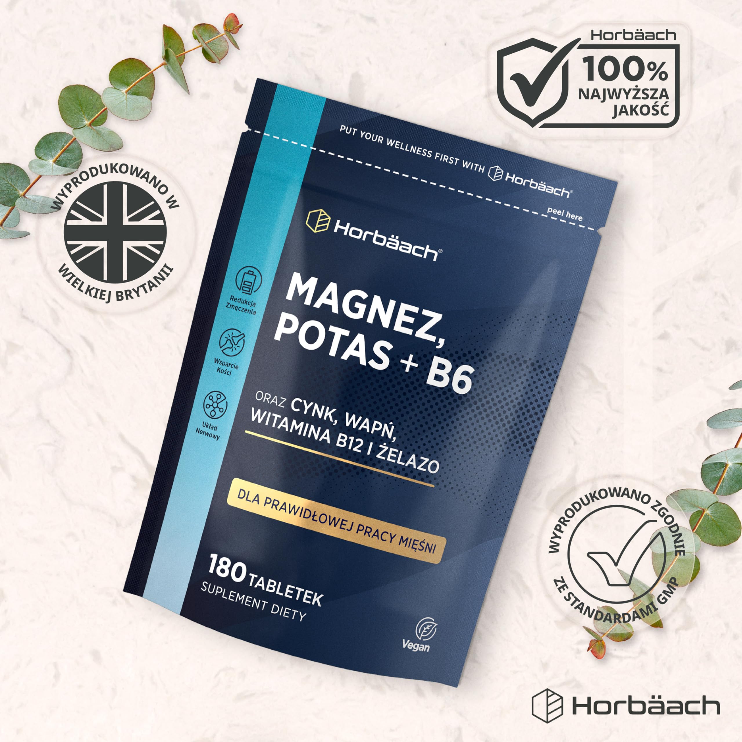 Magnez, Potas i Witamina B6 w Tabletkach | Kompleks z Cynkiem, Wapniem, Witaminą B12 i Żelazem | Kompleks Witamin i Minerałów | 180 Wegańskich Tabletek - Zapas Na 6 Miesięcy | marki Horbaach