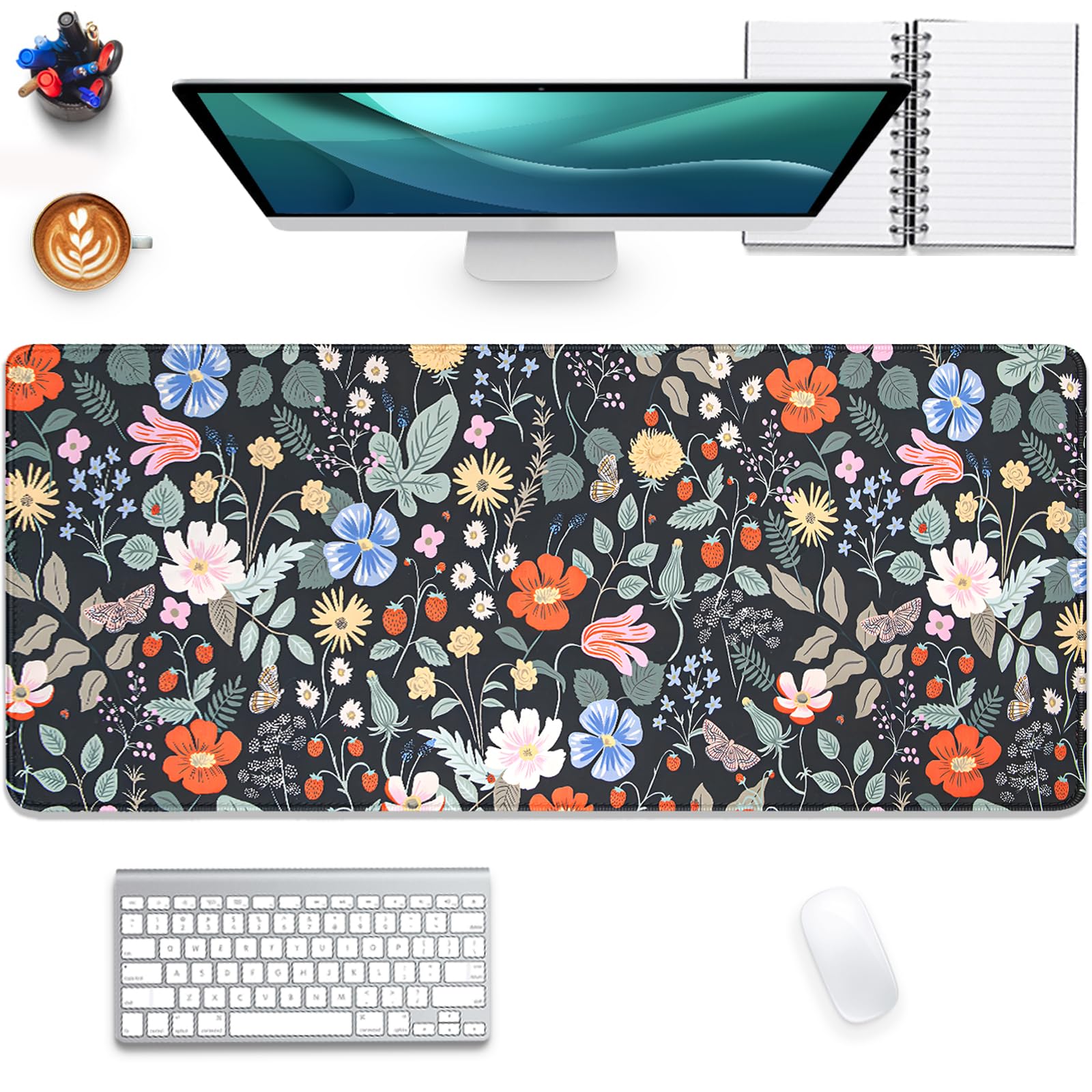Strawberry Flowers Mouse Pad Desk Pad,Extended Gaming Mouse Mat with Stitched Edges Non-Slip Waterproof Rubber Base Mous Mat for Office,Computer,