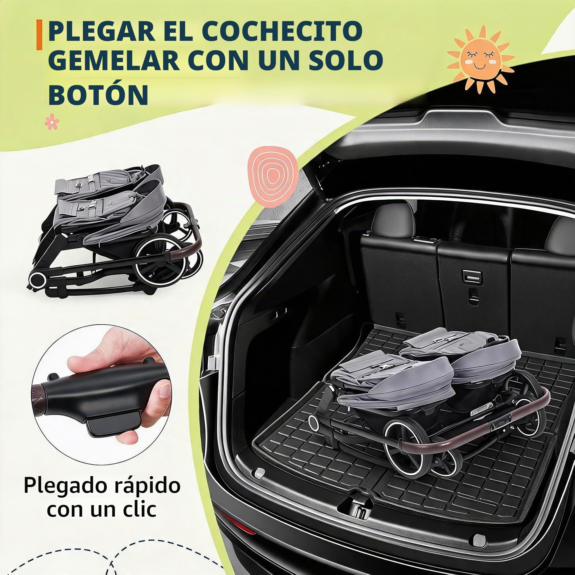 Silla Gemelar de Paseo Ligero con Asiento Reversible, Asiento Ajustable, Cochecito Bebé con Moisés y Parasol, Arnés de 5 Puntos y Freno de Pie, Plegable, Marco de Aleación de Aluminio, Máxima 30 kg