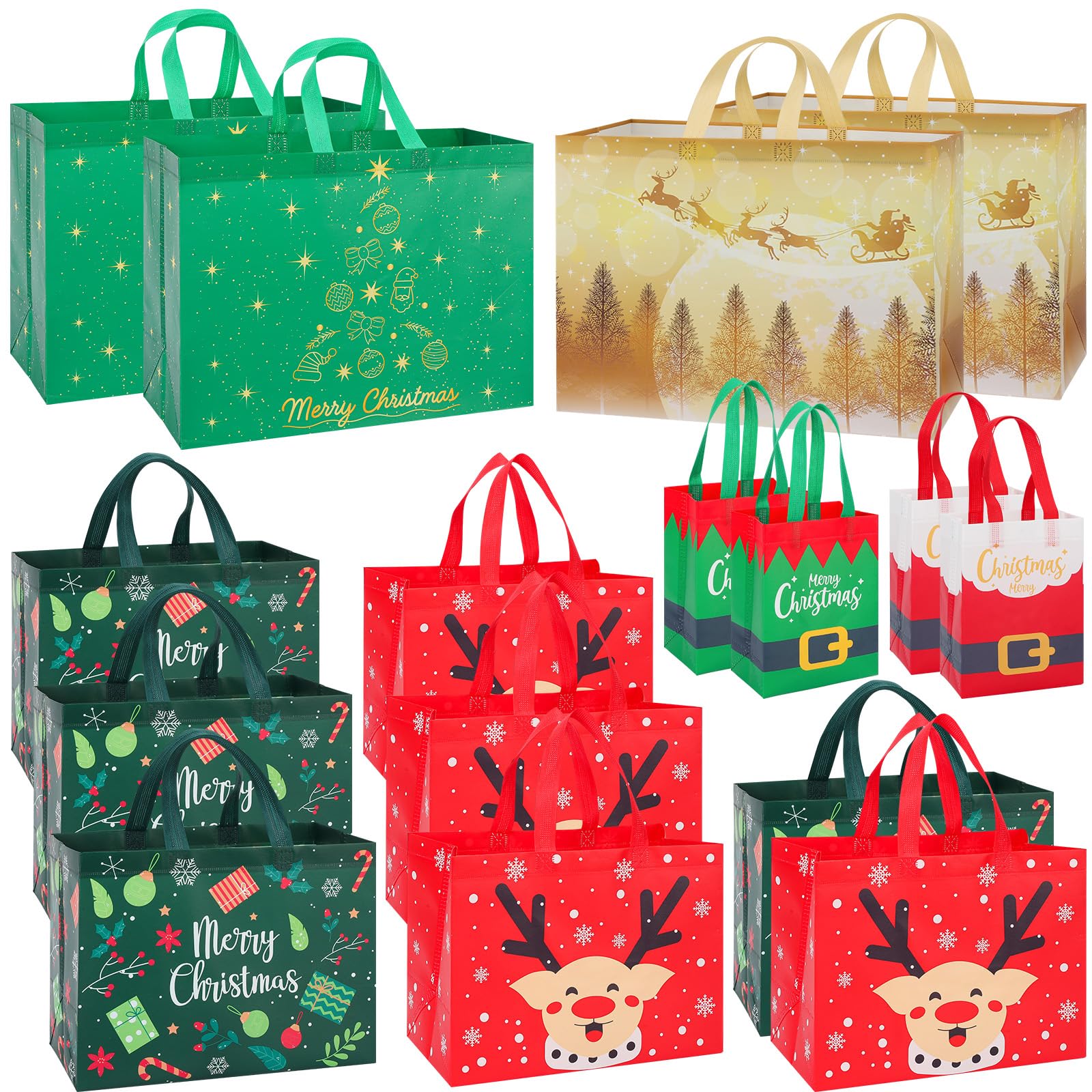 Confezione da 16 sacchetti regalo natalizi di dimensioni assortite, riutilizzabili, resistenti, con manici, 4 extra large, 8 grandi, 4 piccoli, sacchetti natalizi in tessuto non tessuto per regali
