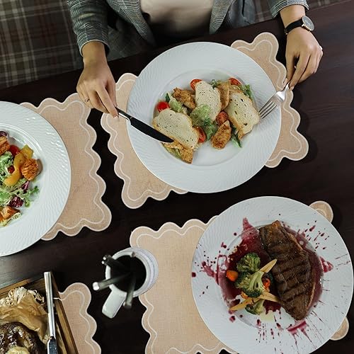 Miniatura 4 de Juego de 6 manteles individuales de algodón y lino, 13 x 19 pulgadas, manteles individuales bordados ondulados festoneados, de doble capa, lavables,