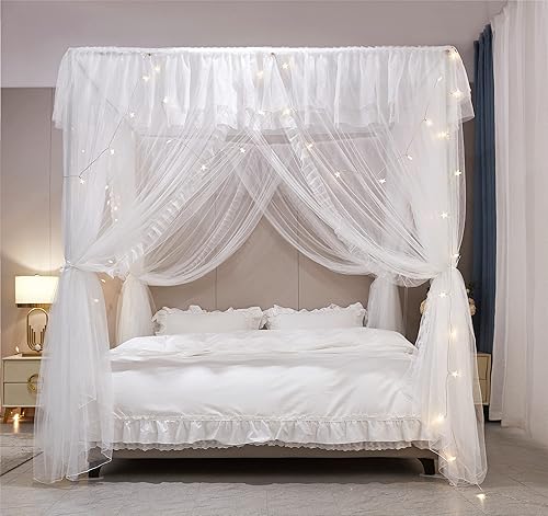 Miniatura 4 de VETHIN Cortina de cama de princesa con volantes de 4 esquinas, doble capa, acogedora red mosquitera de 4 aperturas para niñas y adultos, decoración