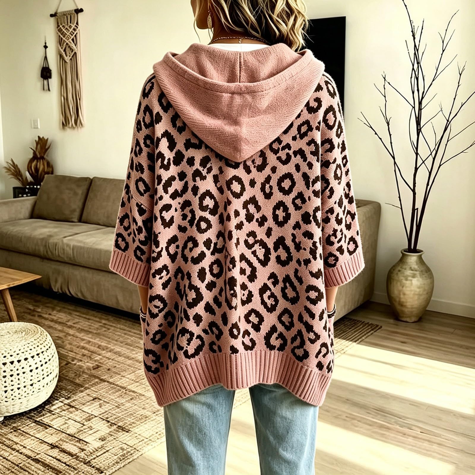 Pullover Damen Herbst Strick Hoodie Oversize Mit Print Sweatshirts 3/4 Arm