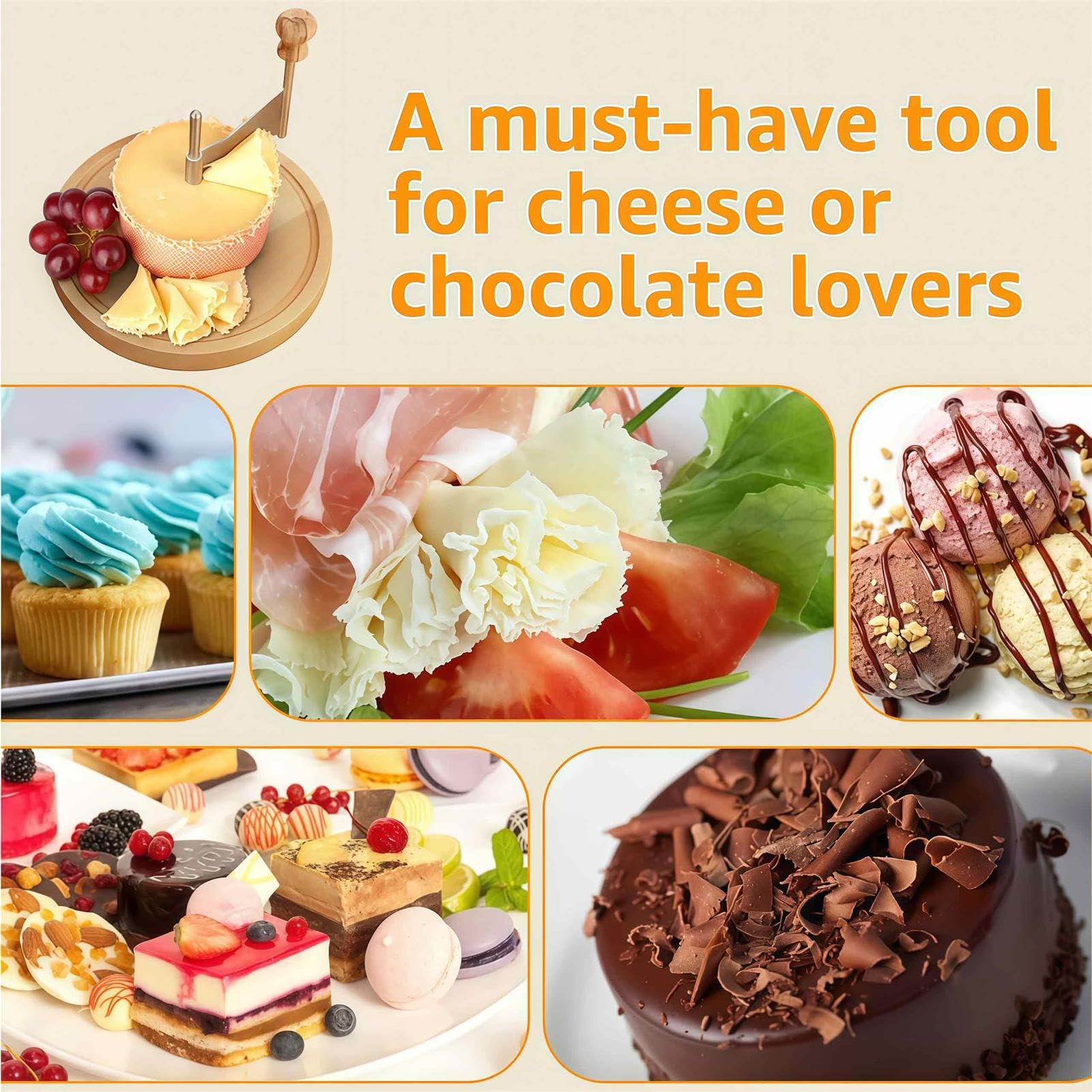 Professioneller Käse Schaber, Käse Schaber mit Kuppel inklusive Kuppel, Ergonomischer Rotierender Griff, Käse Blumen Schneider für Schokolade, Kochkunst Verbessern, Holzfuß und Edelstahl