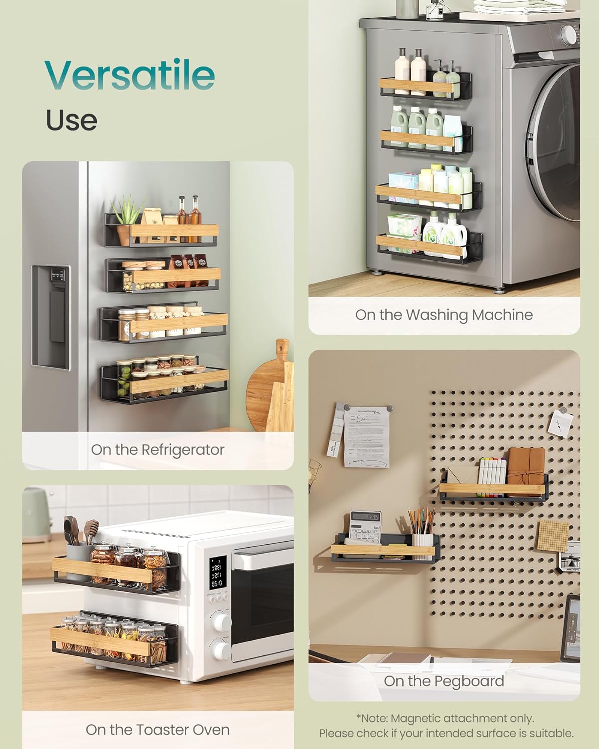 SONGMICS Magnetic Spice Rack for Refrigerator, 4 Pack, 2 Large and 2 Small Kitchen Magnetic Shelves for Washing Machine, Spice Organizers, No Drilling Needed, Ink Black and Light Bamboo UKCS062BH01 - Image 5